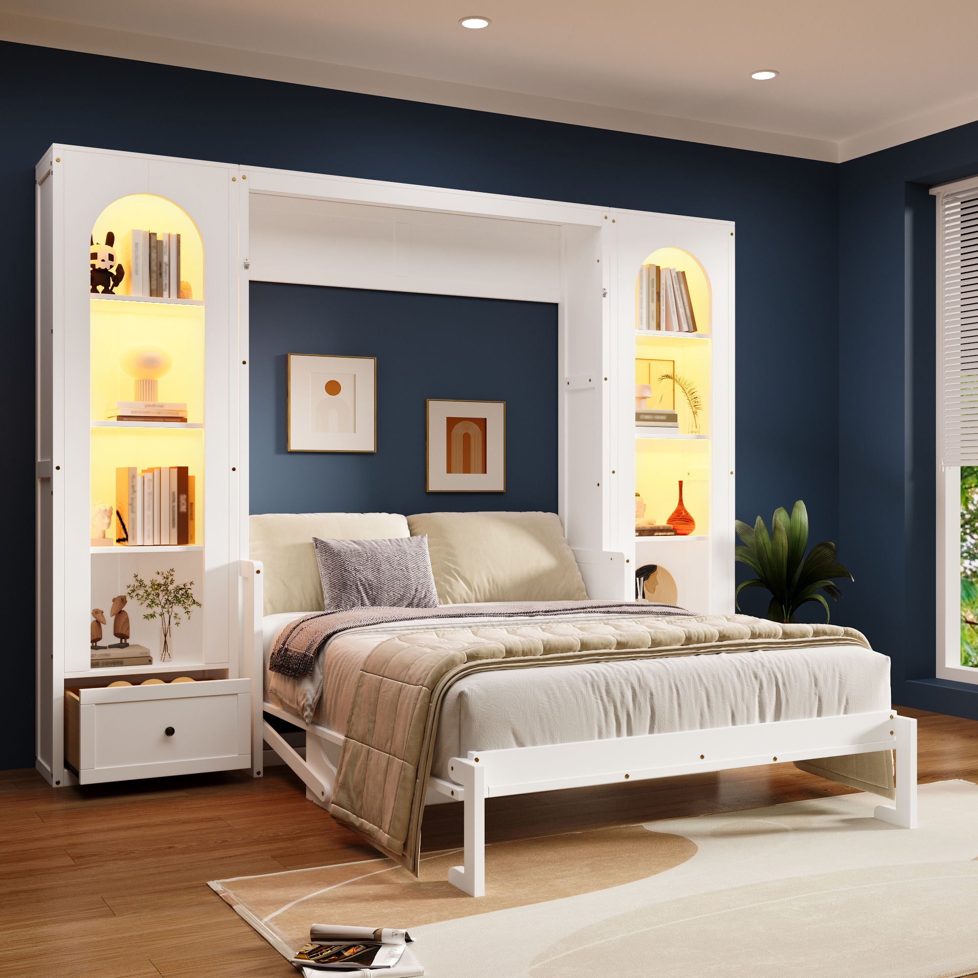 French Style Murphy Platform Bed With Shelf, Side Cabinets, Drawers And LED