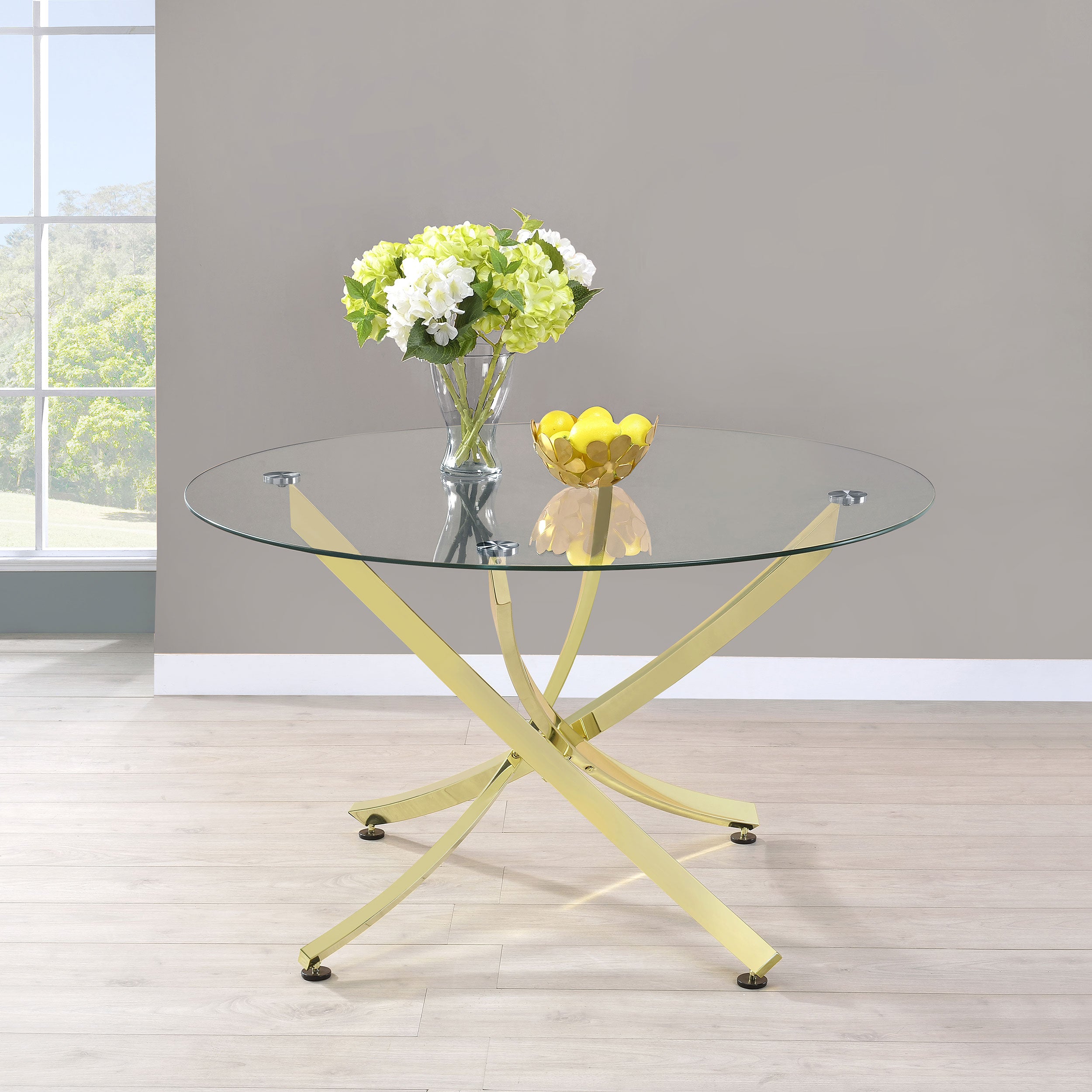 Beckham Round 46-inch Glass Top Dining Table Brass-CoasterEveryday