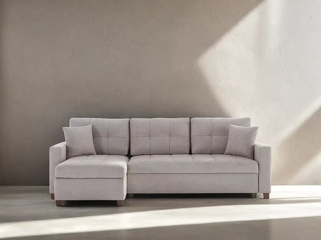 Mocca 101" Wide Reversible Chaise Sleeper Sectional – Dupont Grey Chenille, Queen Sleeper with Storage - Best Buy Furniture