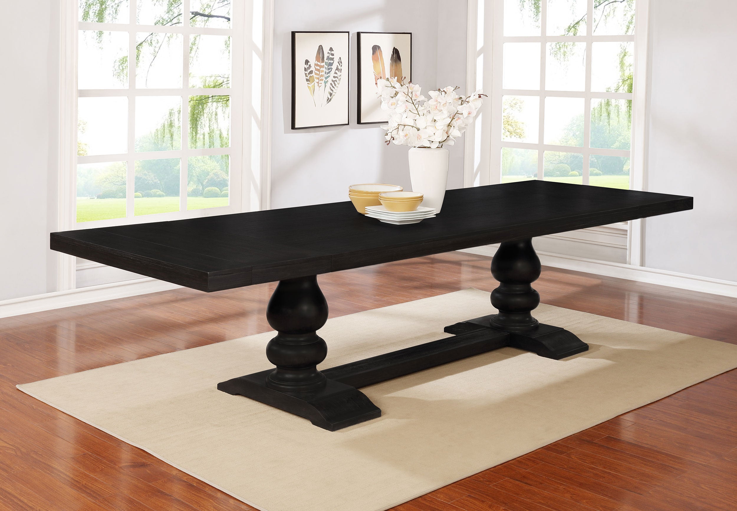 Phelps 123-inch Extension Leaf Dining Table Distressed Noir-CoasterEssence