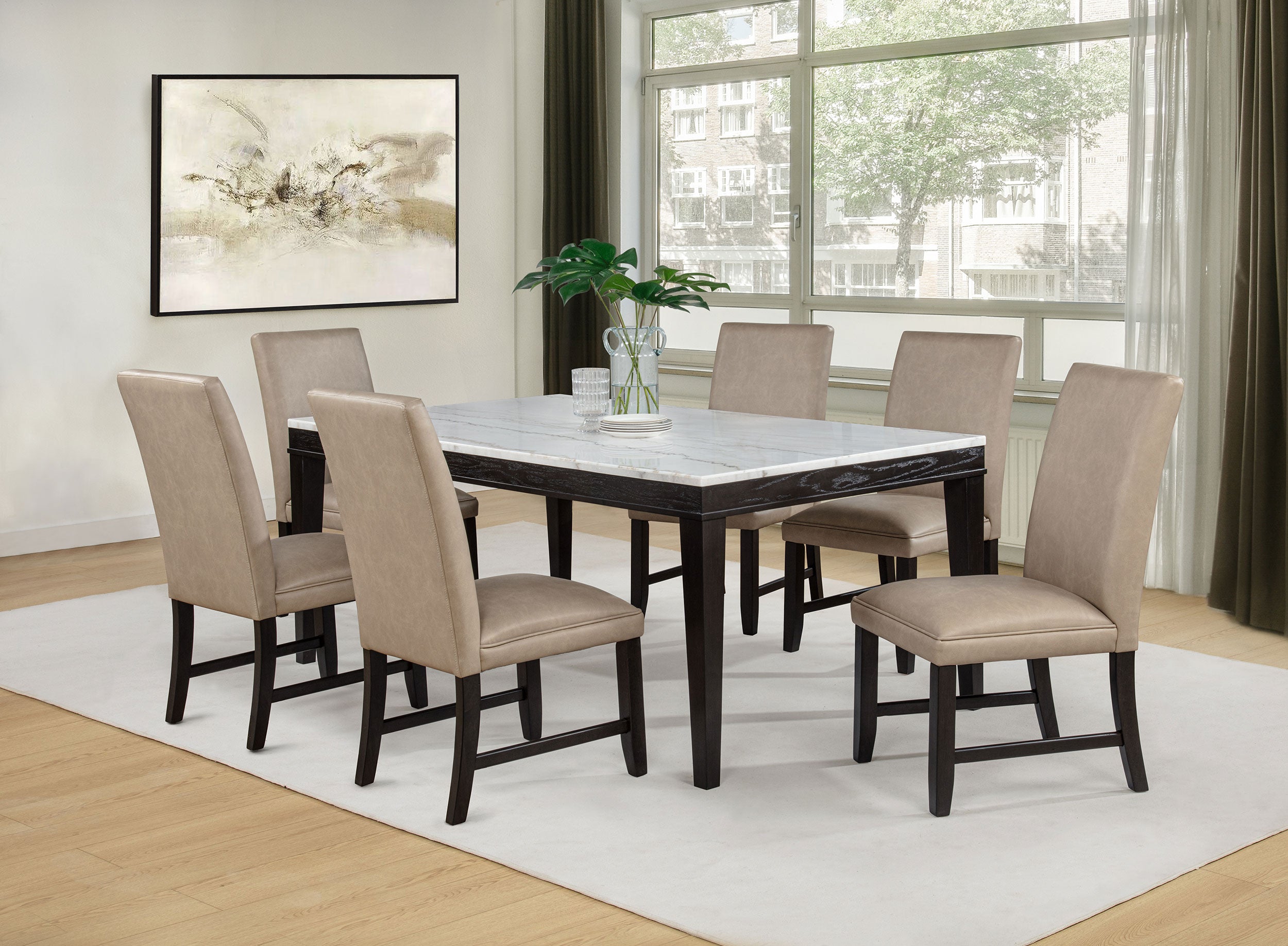 Averill 7-piece White Marble Top Dining Set Tan and Coffee Bean-