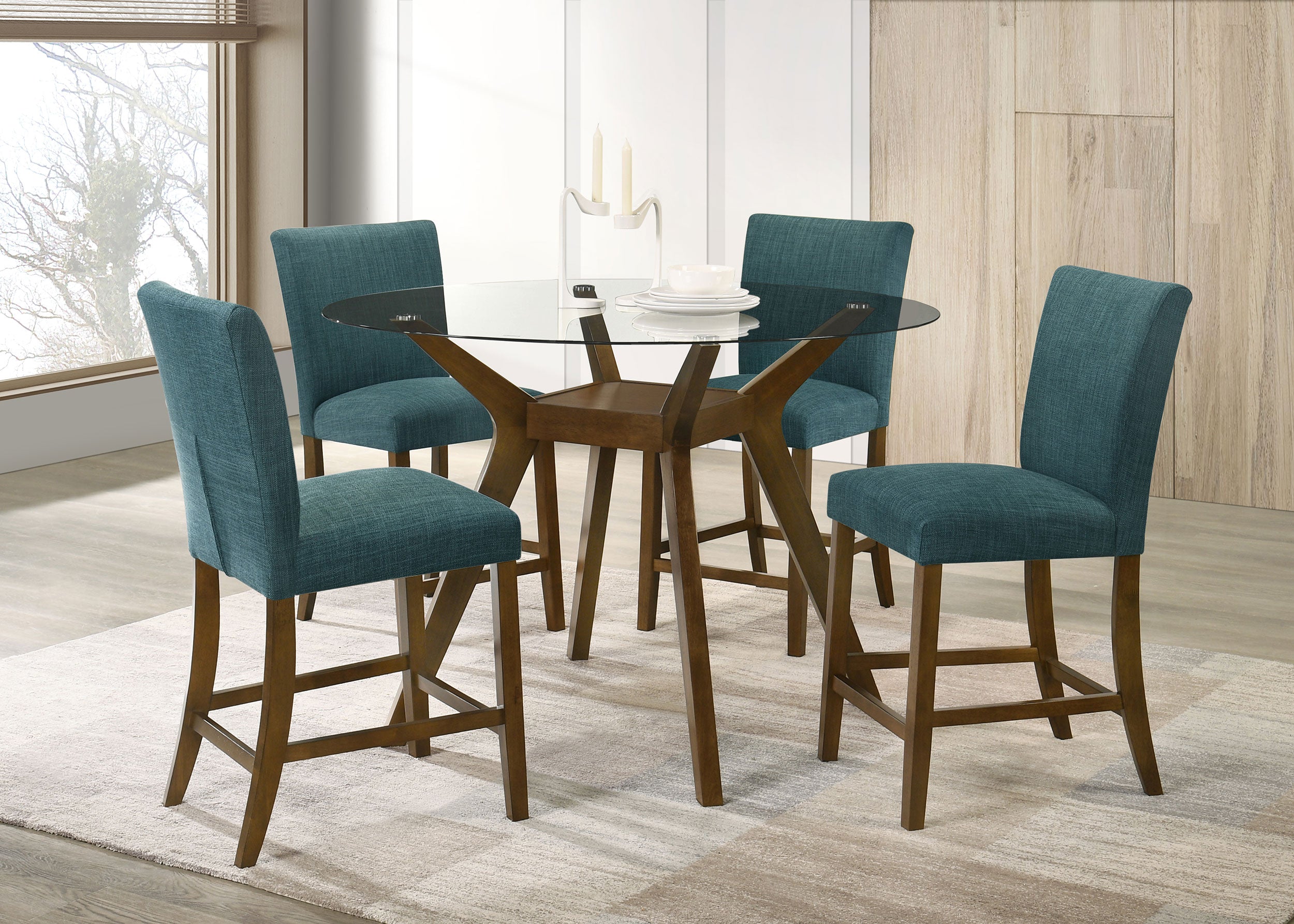 Paxton 5-piece Round Glass Top Counter Height Dining Set Teal Blue-