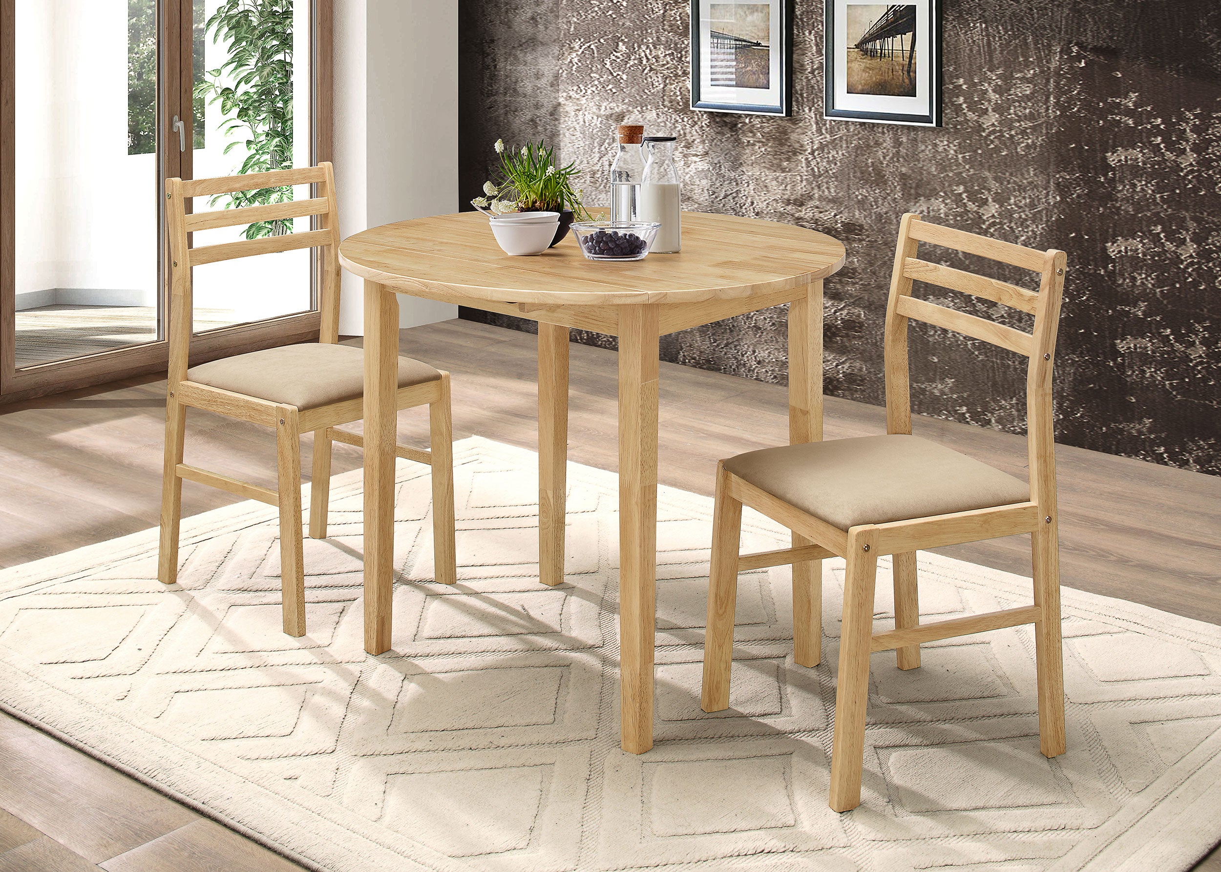 Bucknell 3-piece Round Drop Leaf Dining Table Set Natural-CoasterEveryday