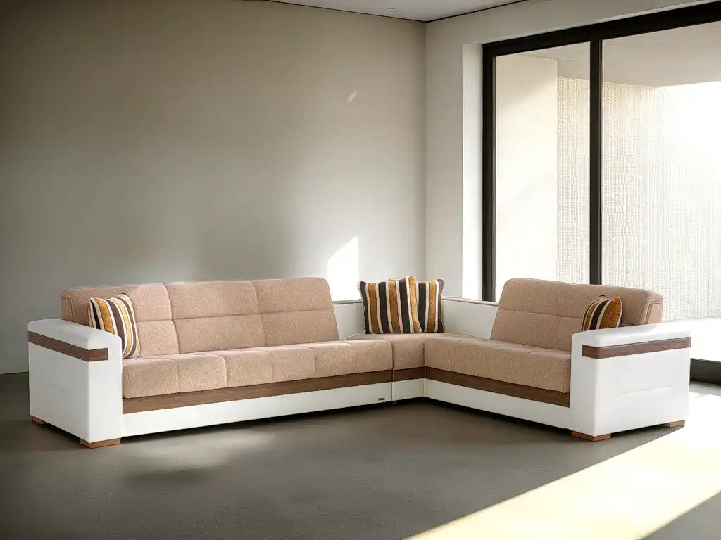 MOON 3-Piece Two-Tone Sleeper Sectional Sofa – 124” Wide, Reversible L-Shape, Beige and White, Modern Comfort & Versatility - Best Buy Furniture