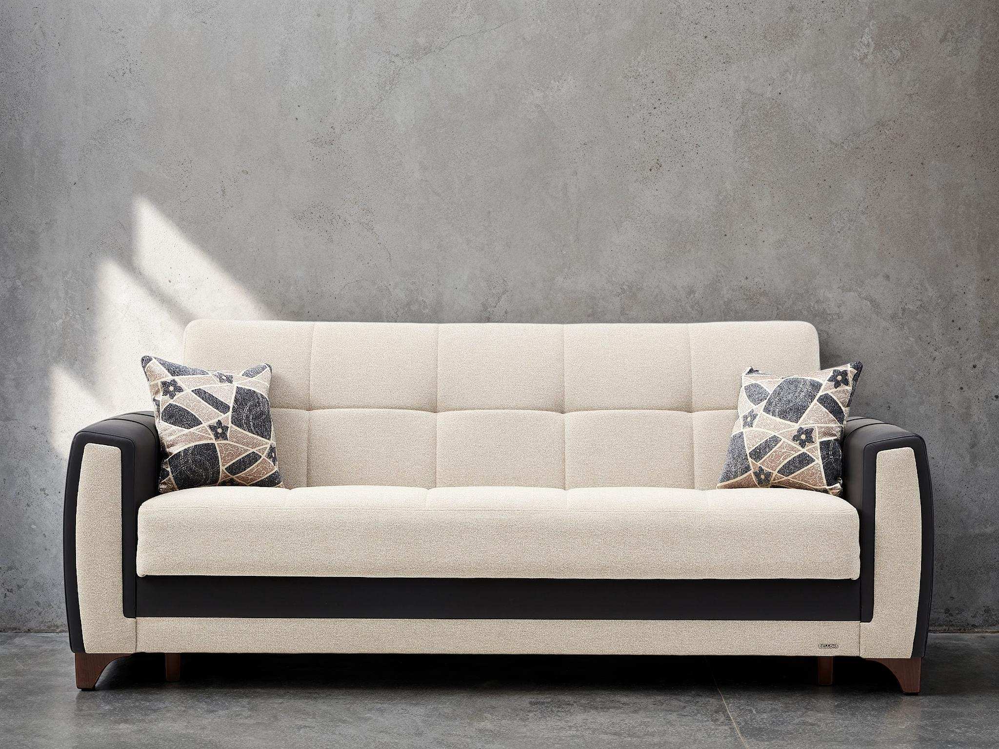 Dublin 93" Wide Sofa Bed with Storage – Two-Tone Black Leather & Beige Upholstery - Best Buy Furniture