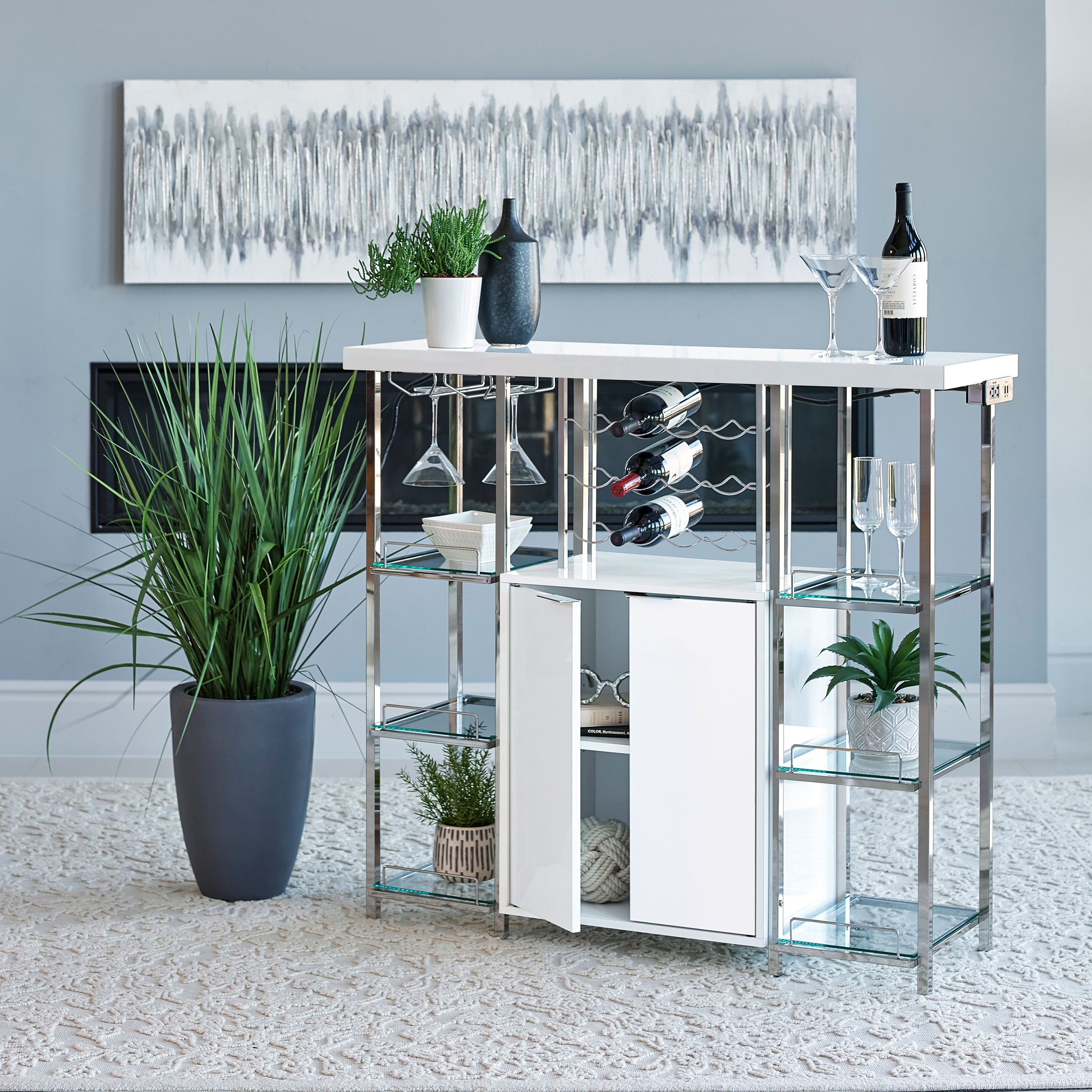 Gallimore 2-door Bar Cabinet Wine Storage White High Gloss-CoasterEssence