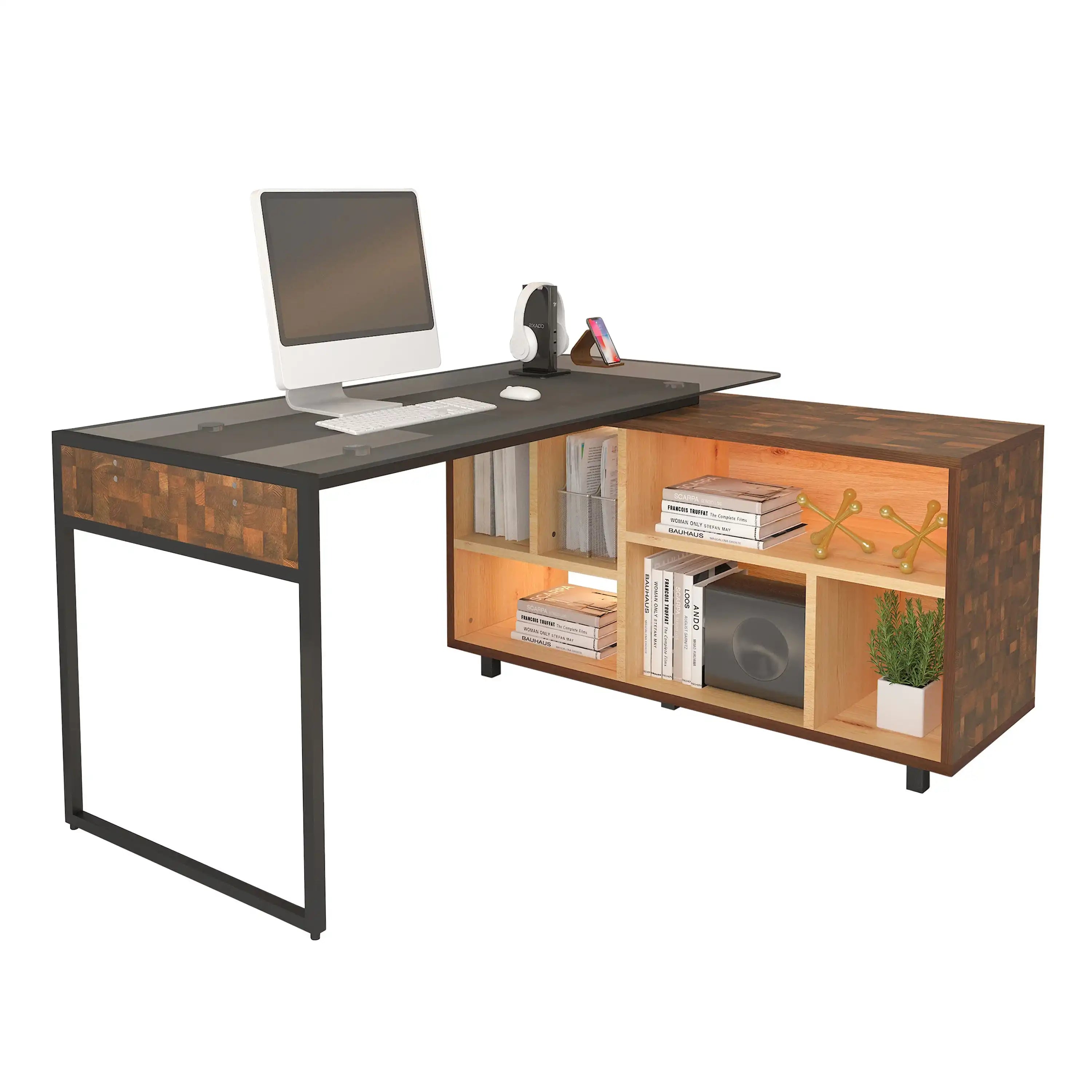 Techni Mobili L-Shape Corner Desk with Multiple Storage, Oak - Best Buy Furniture
