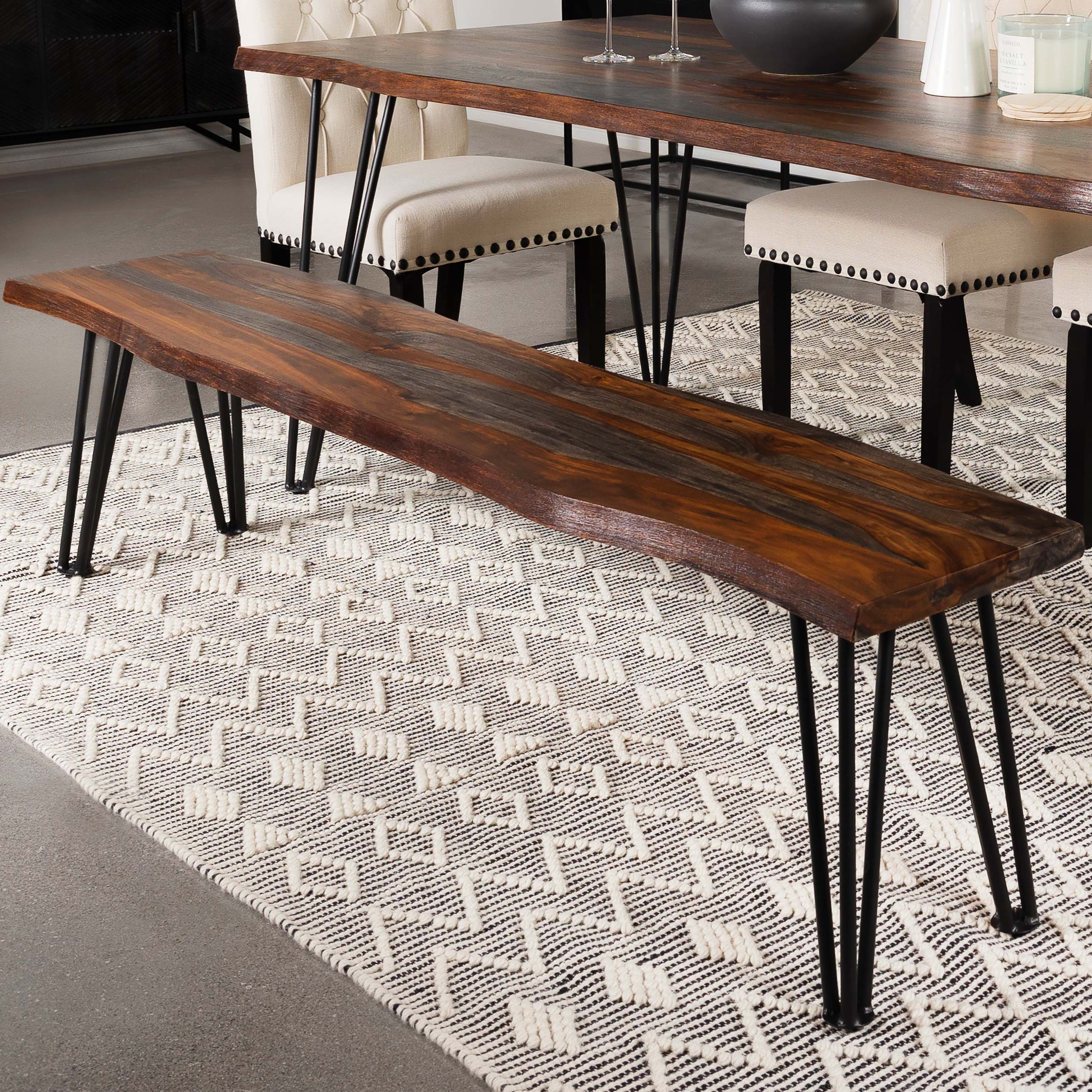 Neve Live Edge Wood Dining Bench Hairpin Legs Grey Sheesham-CoasterEssence