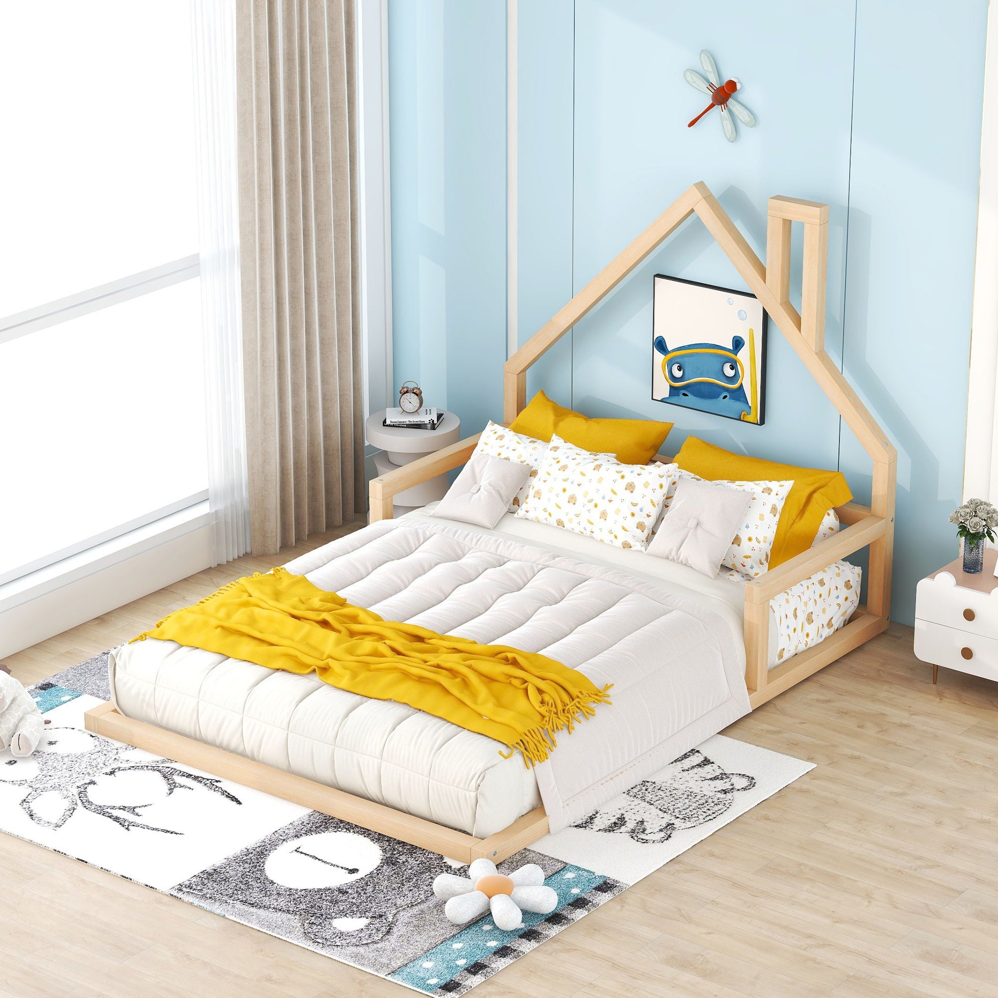 Elegant Floor Bed With House Shaped Headboard