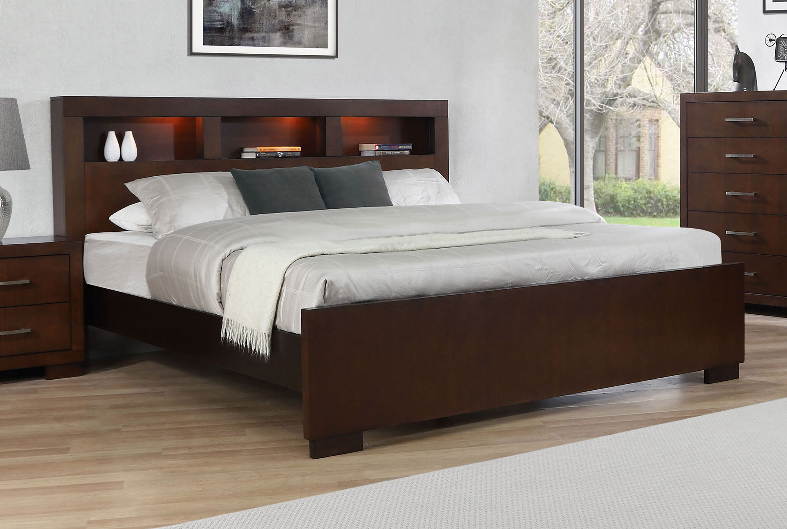 Jessica Wood Queen LED Storage Bookcase Bed Cappuccino-CoasterEssence
