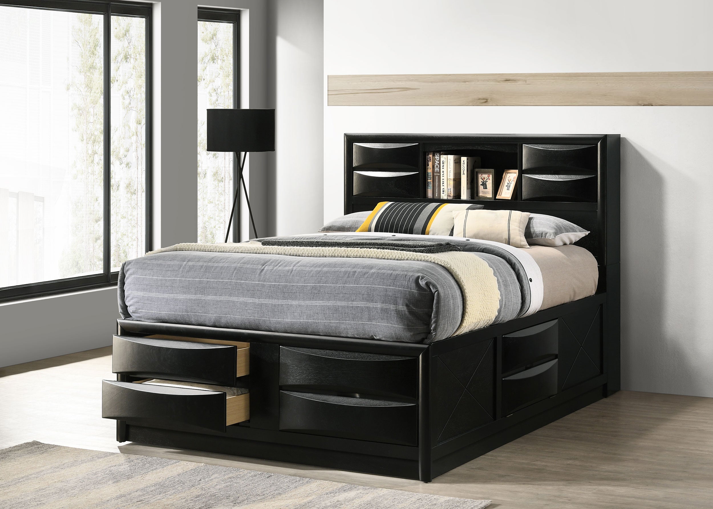 Briana Wood Queen Storage Bookcase Bed Black-CoasterEssence