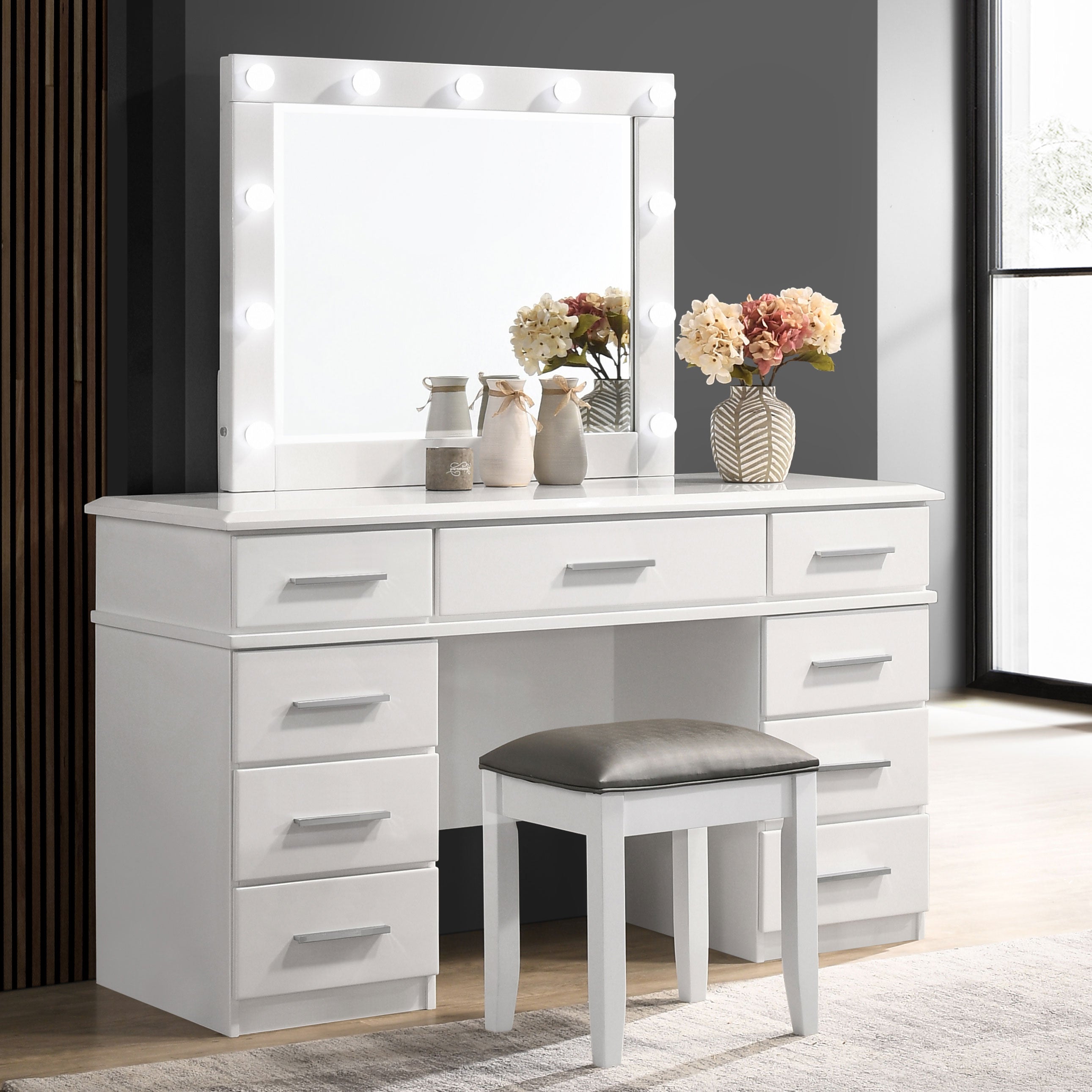 Felicity Upholstered Vanity Stool Metallic and Glossy White-CoasterElevations