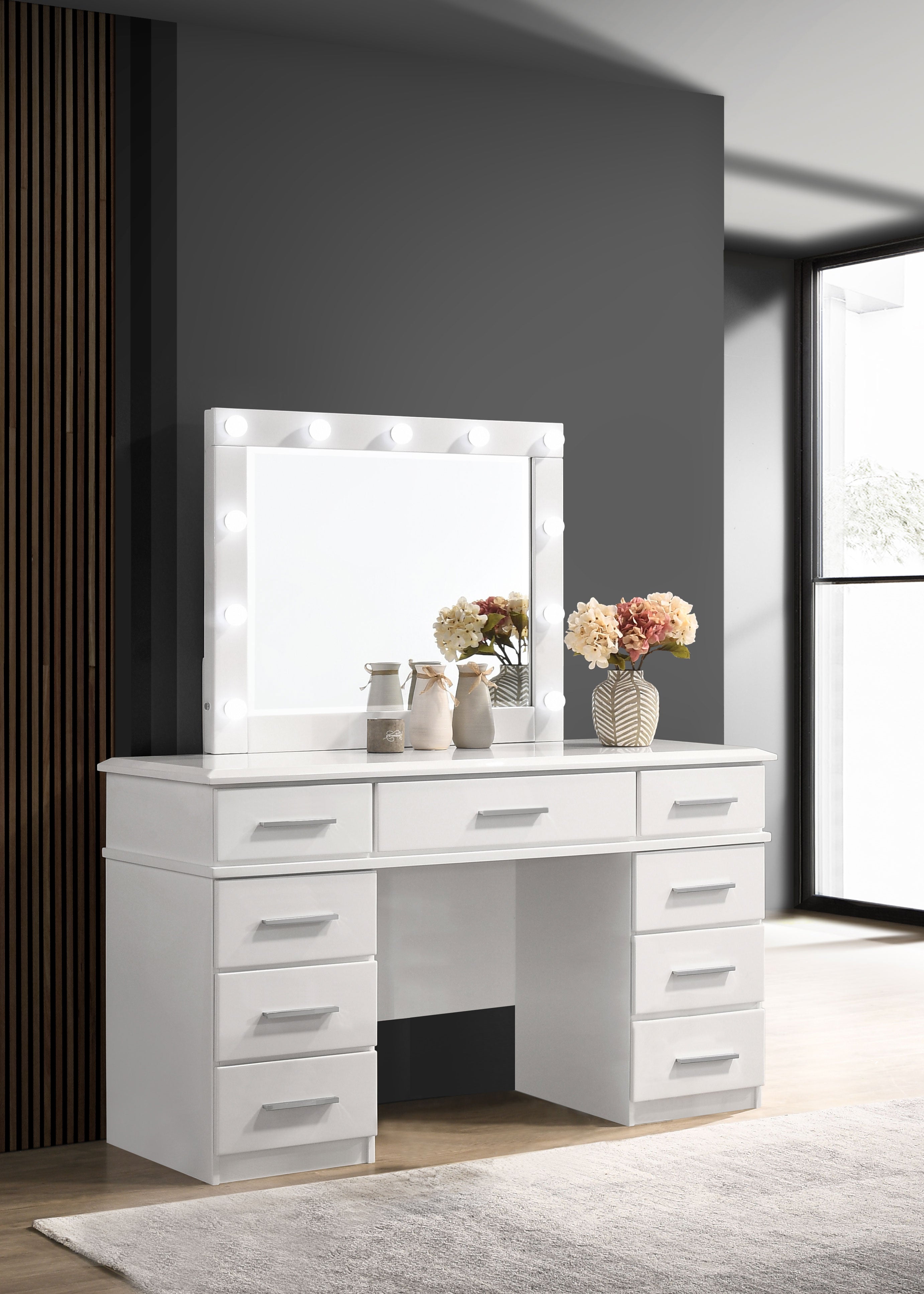 Felicity 9-drawer Vanity Table Lighted Mirror Glossy White-CoasterElevations