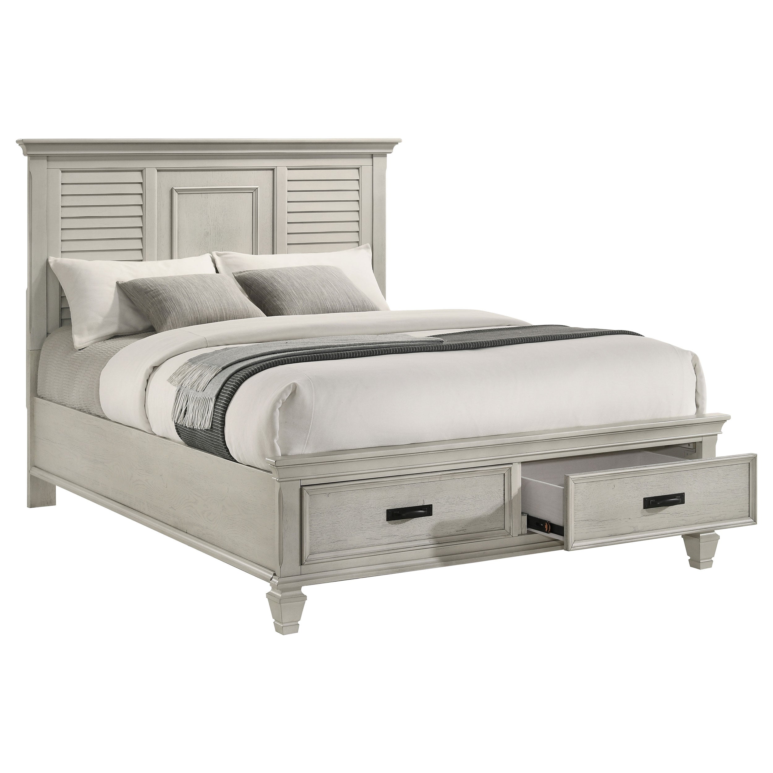 Franco Wood Queen Storage Panel Bed Distressed White-CoasterEssence
