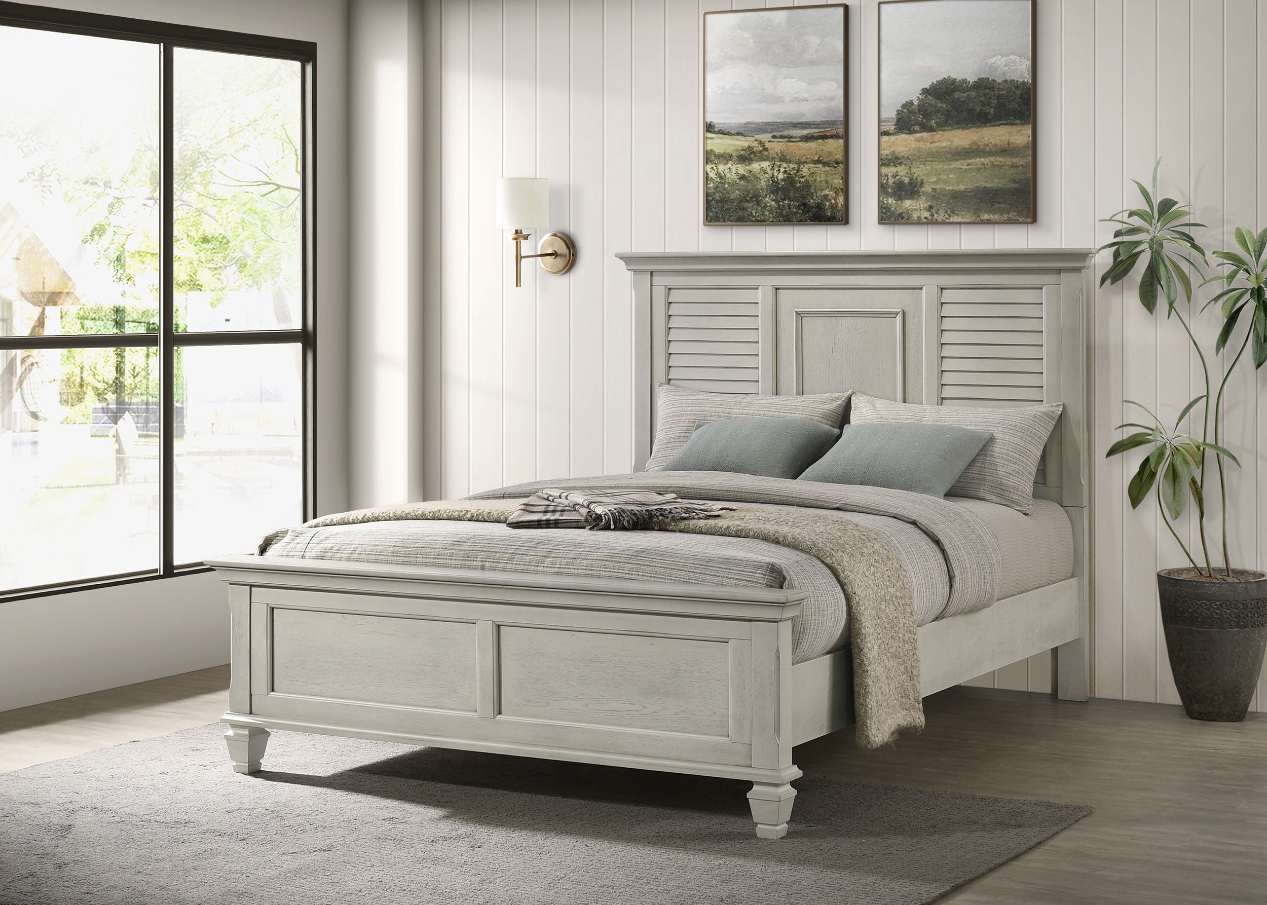 Franco Wood Queen Panel Bed Distressed White-CoasterEssence