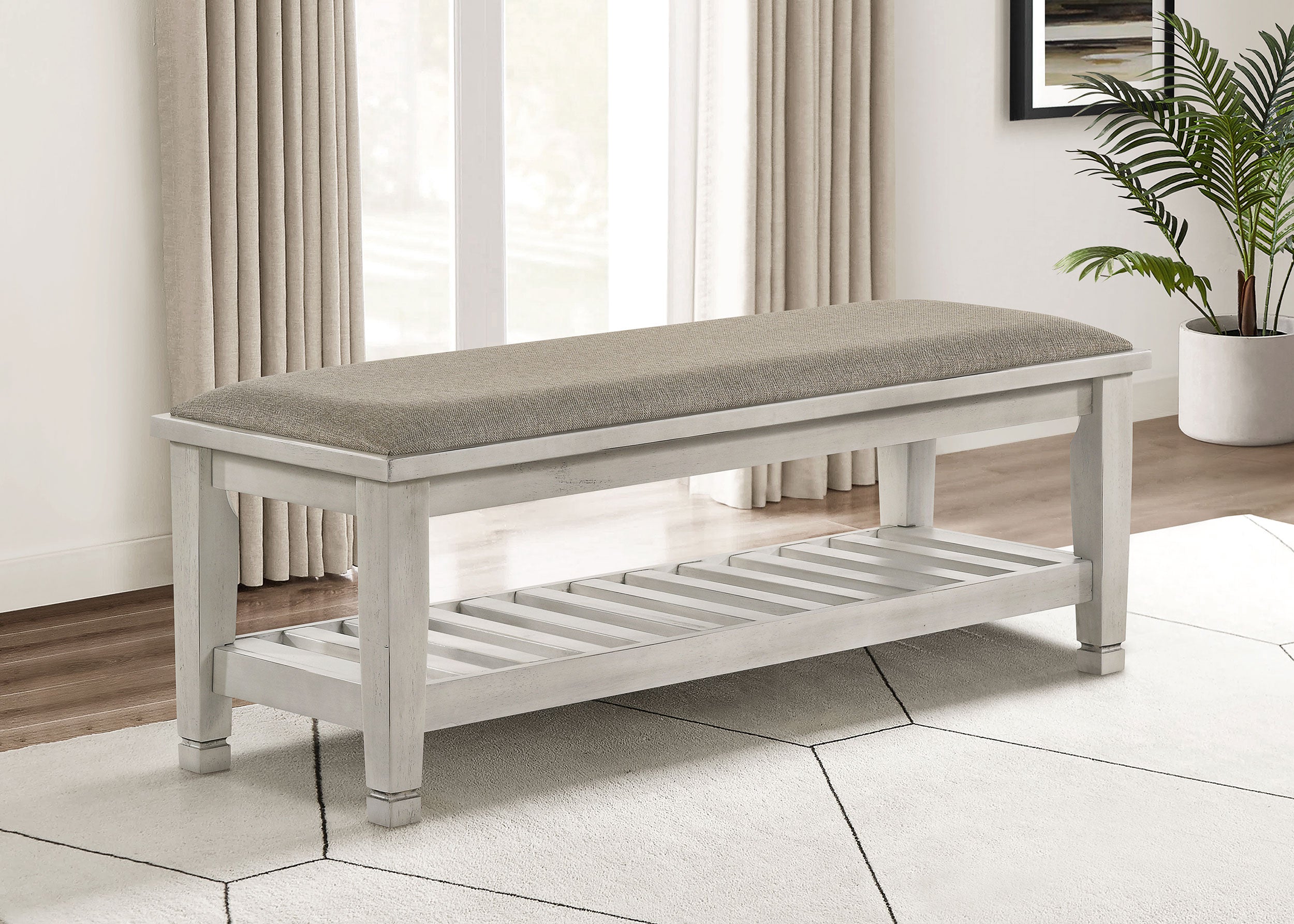 Franco Fabric Upholstered Bench with Shelf Distressed White-CoasterEssence