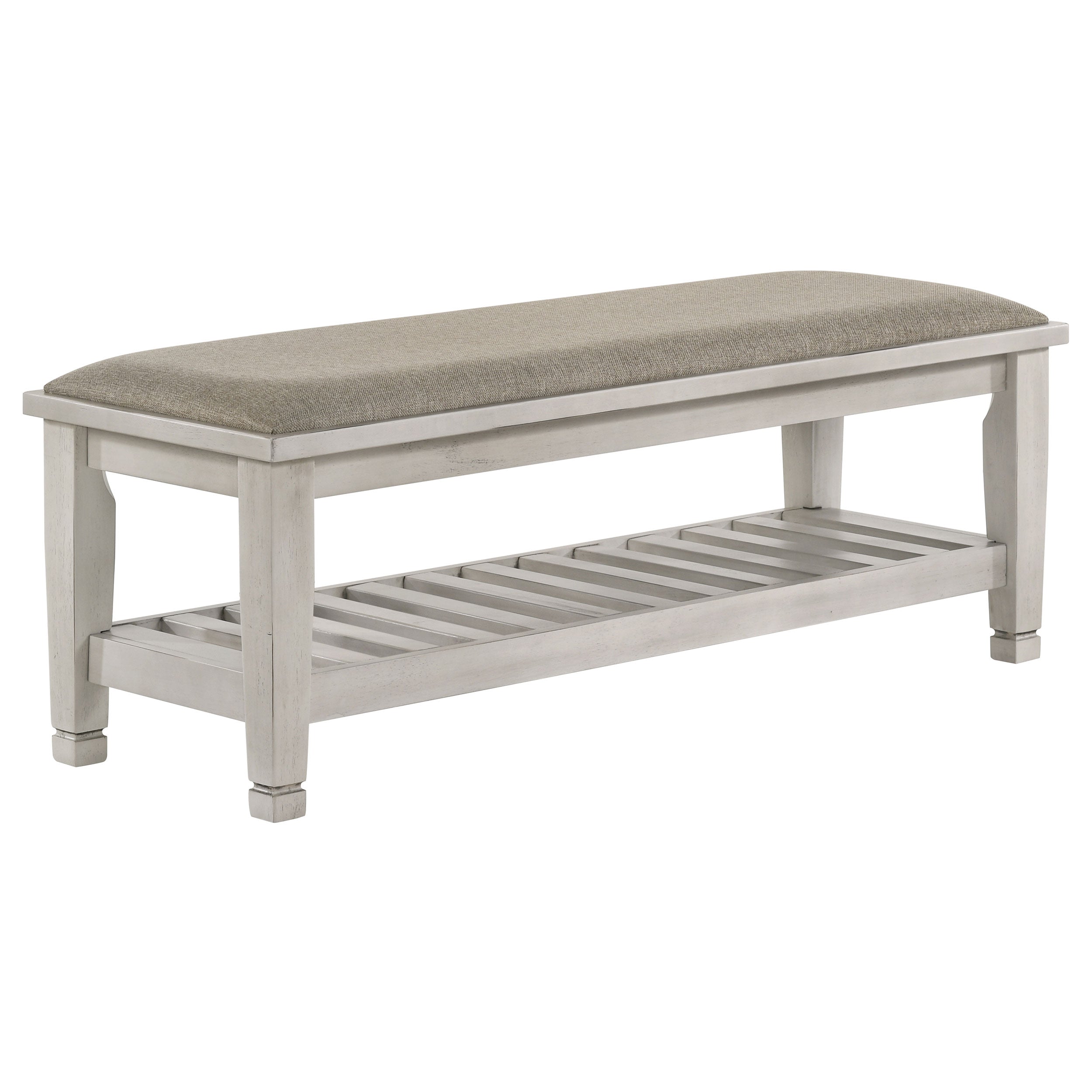 Franco Fabric Upholstered Bench with Shelf Distressed White-CoasterEssence