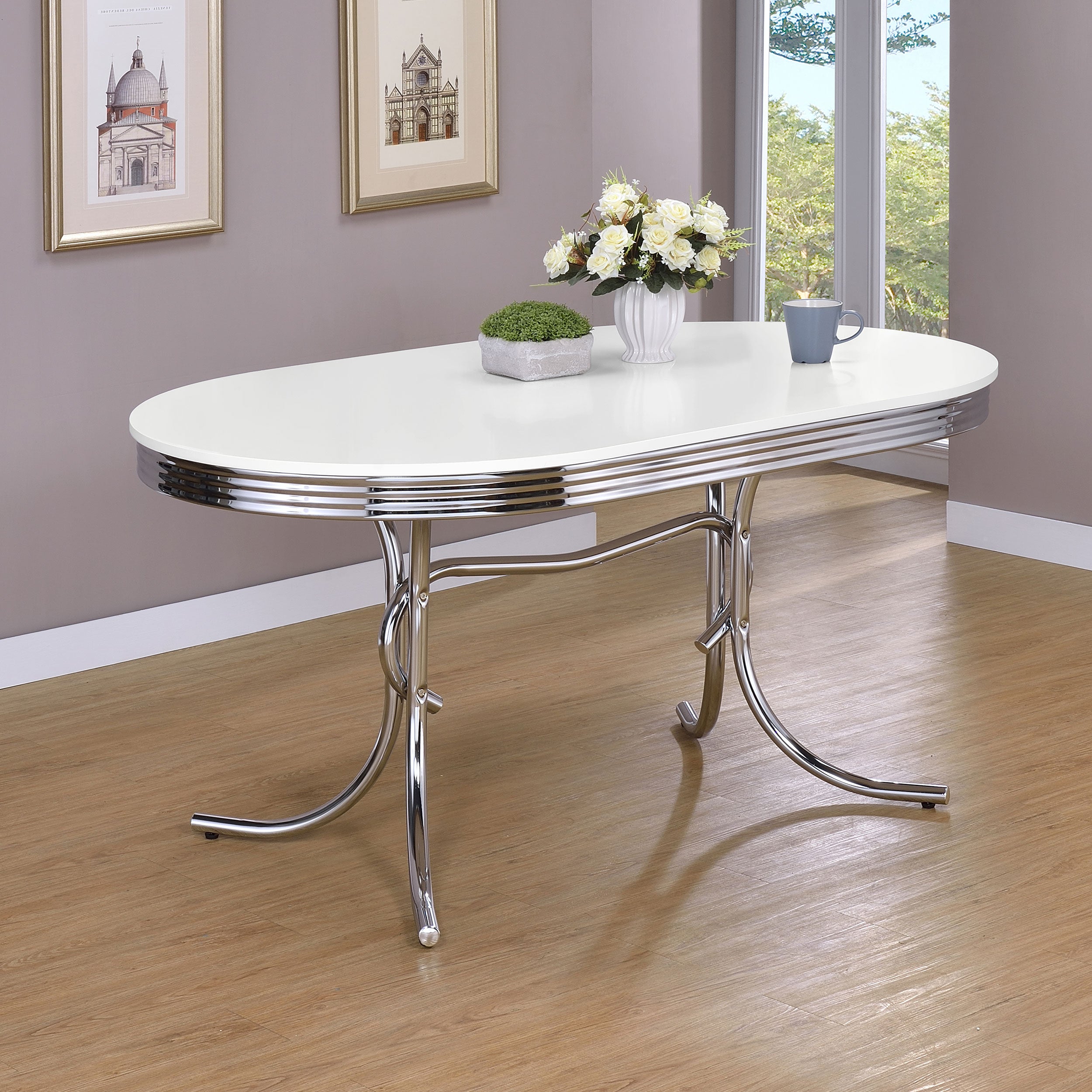 Retro Oval 60-inch Wood Top Dining Table White and Chrome-CoasterEveryday