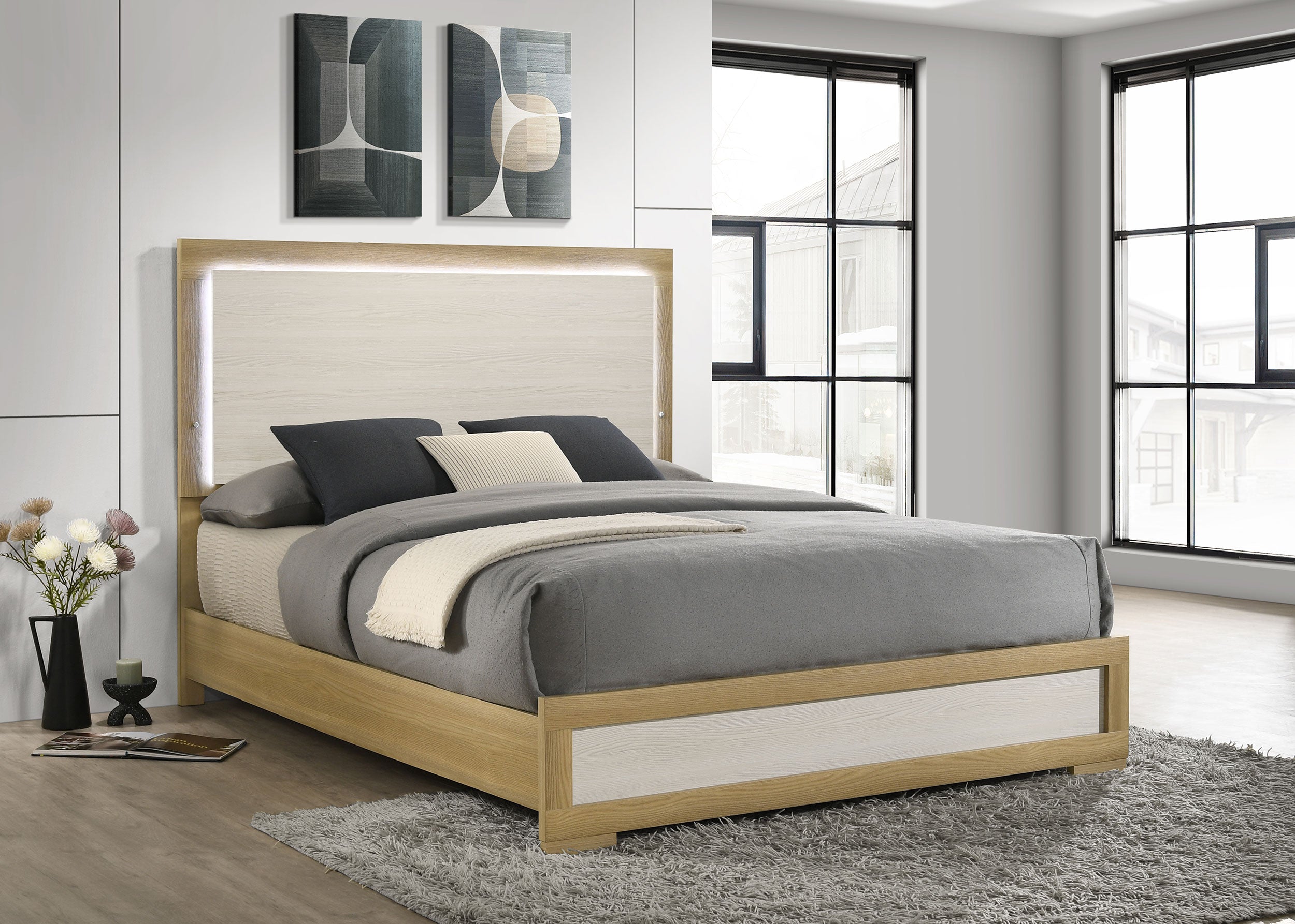 Hyland Wood Queen LED Panel Bed Natural and White-