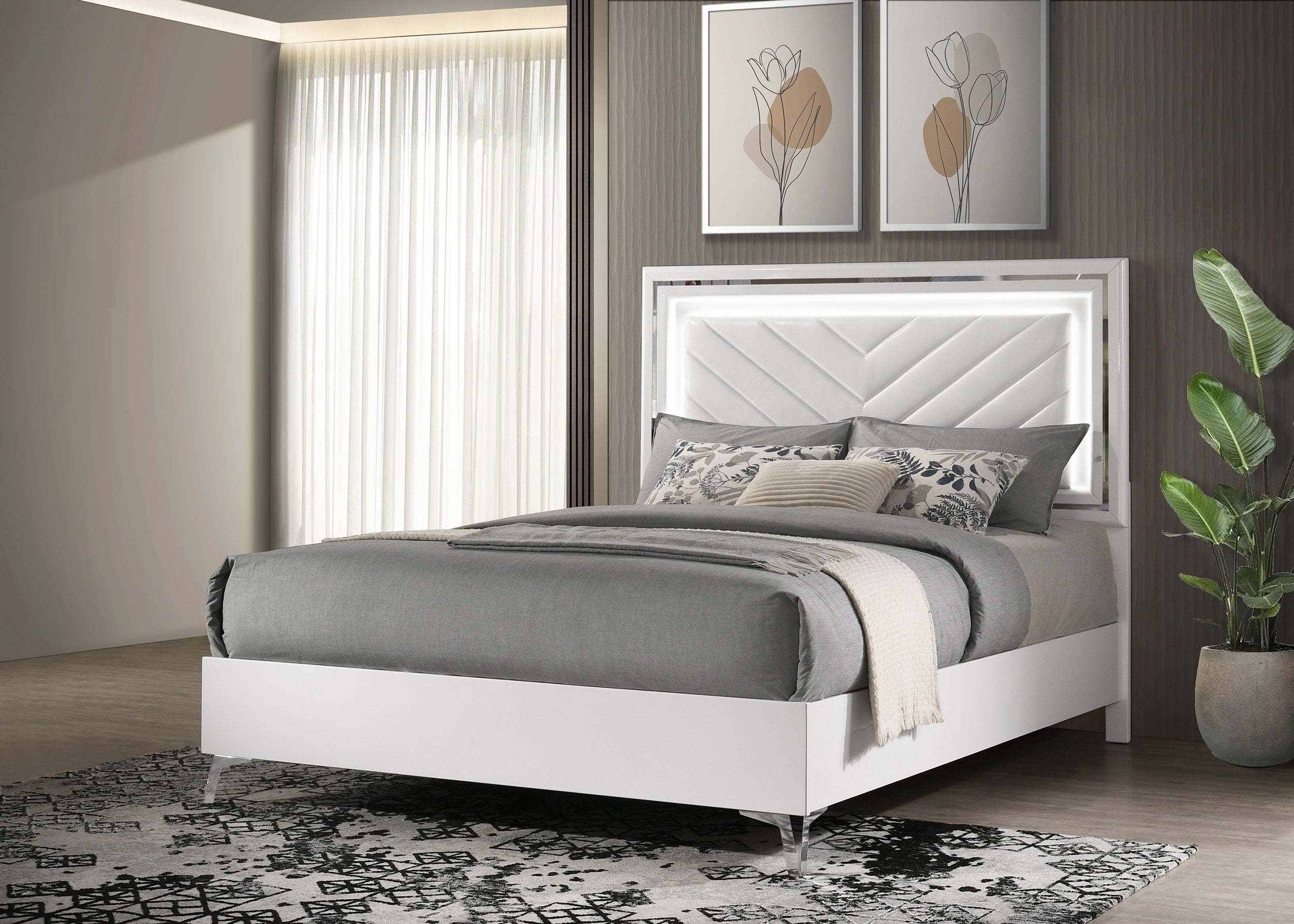 Cassia Queen LED Panel Bed White High Gloss-