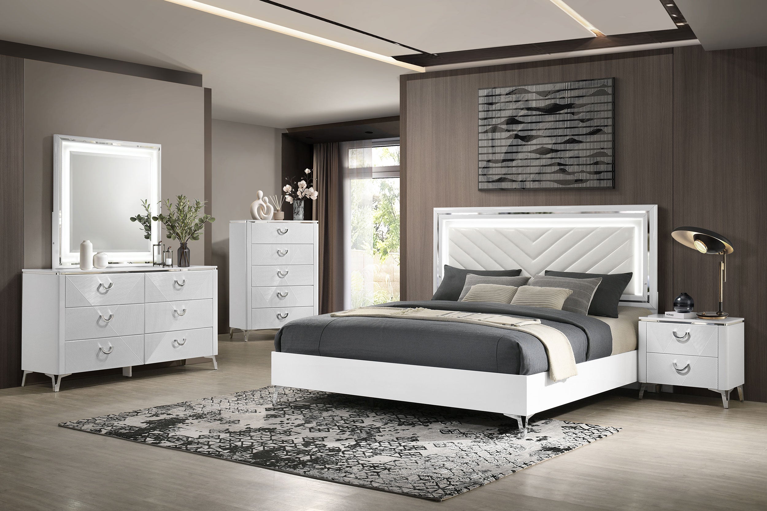 Cassia Queen LED Panel Bed White High Gloss-