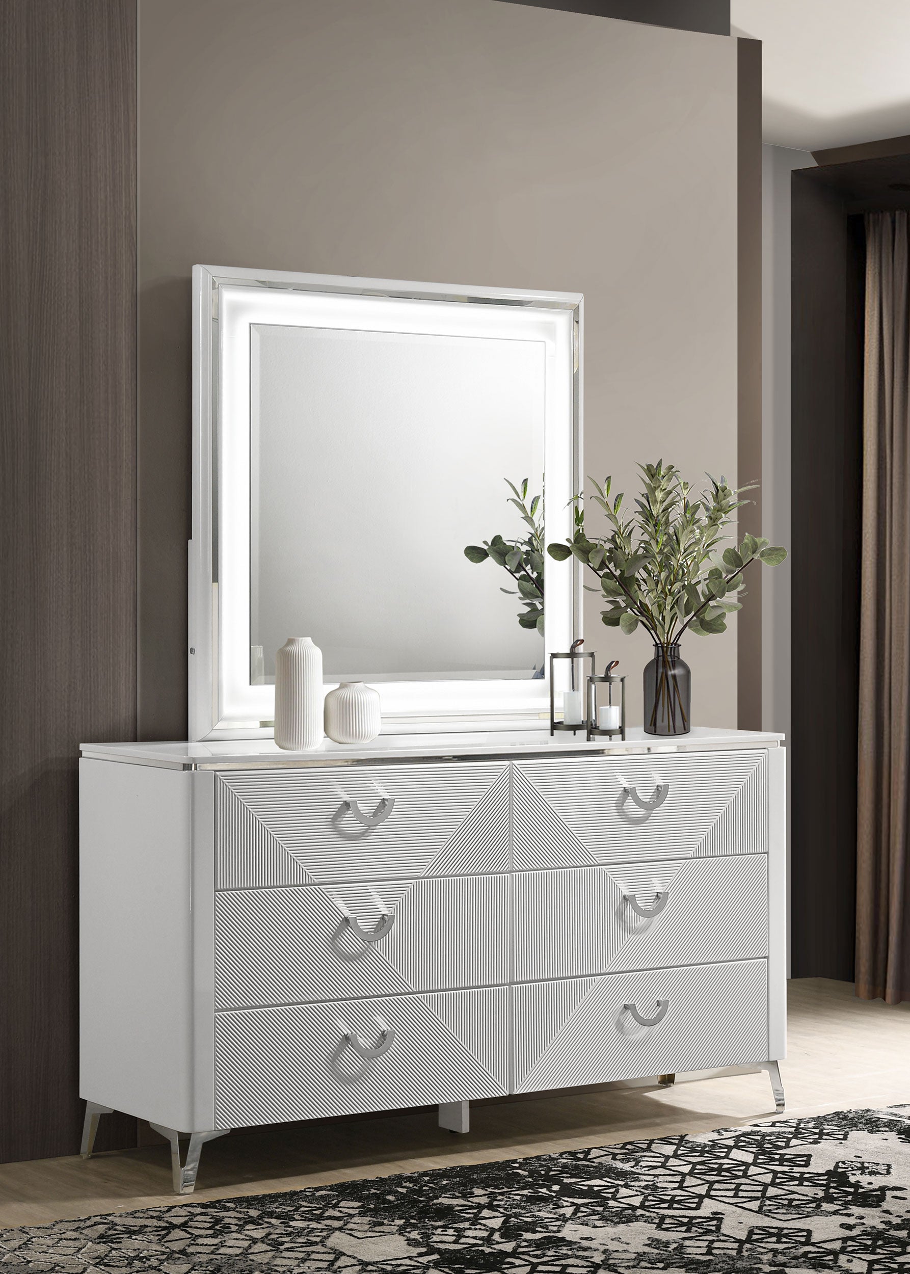 Cassia 6-drawer Dresser Cabinet with Mirror White High Gloss-