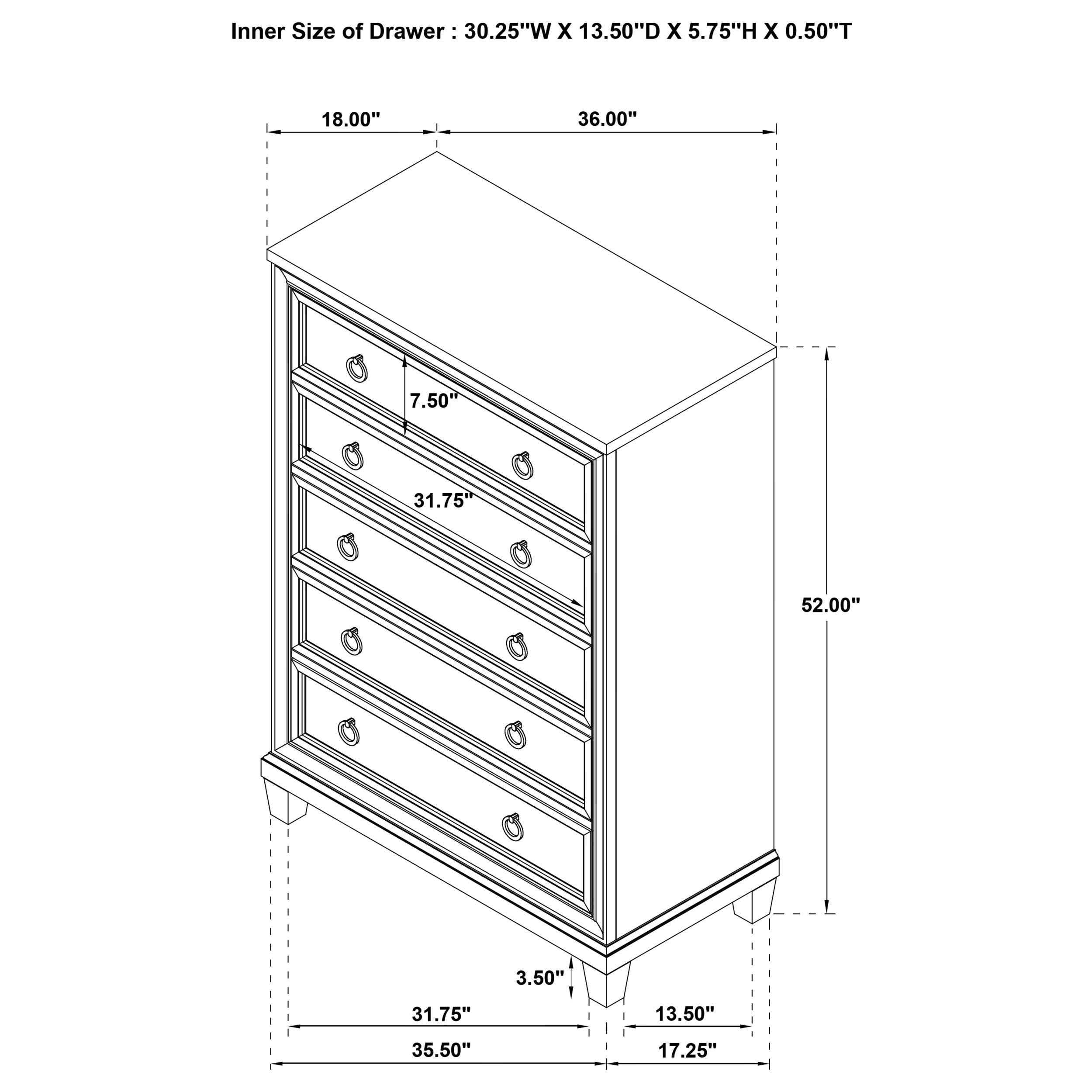 Pembroke 5-drawer Chest of Drawers Washed Oak-