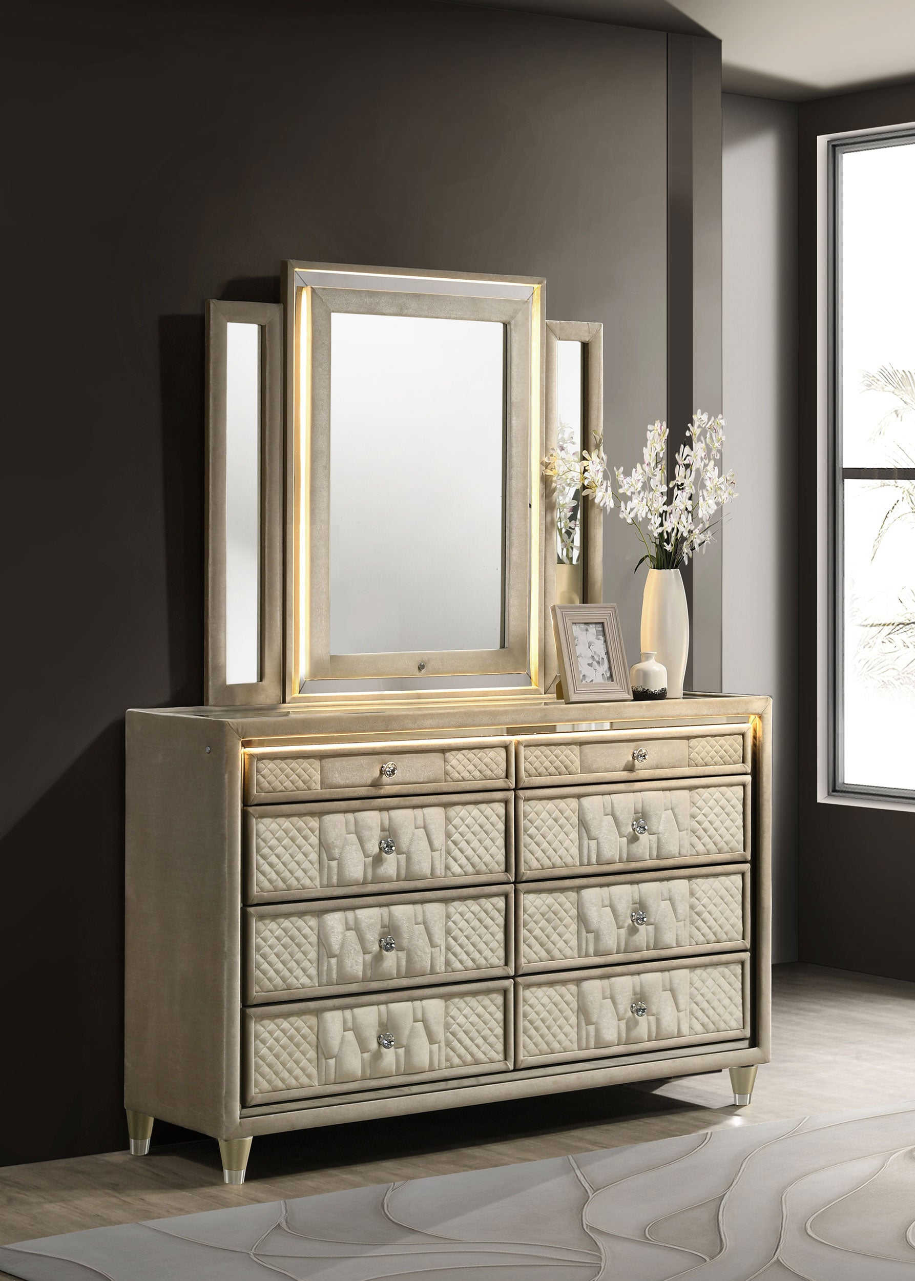 Lorient 8-drawer LED Dresser with Mirror Ivory and Camel-
