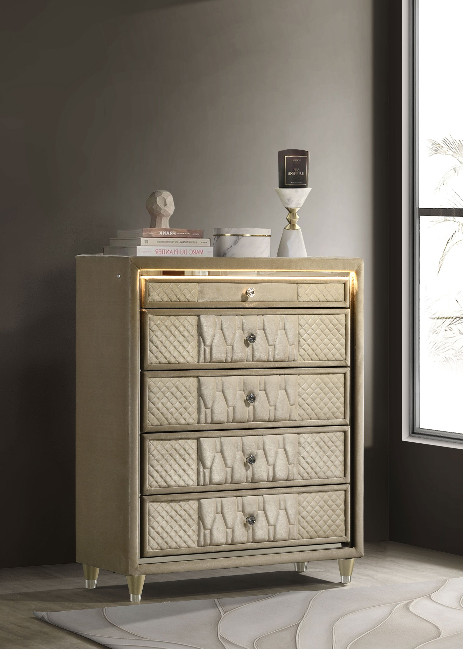 Lorient 5-drawer LED Chest of Drawers Ivory and Camel-