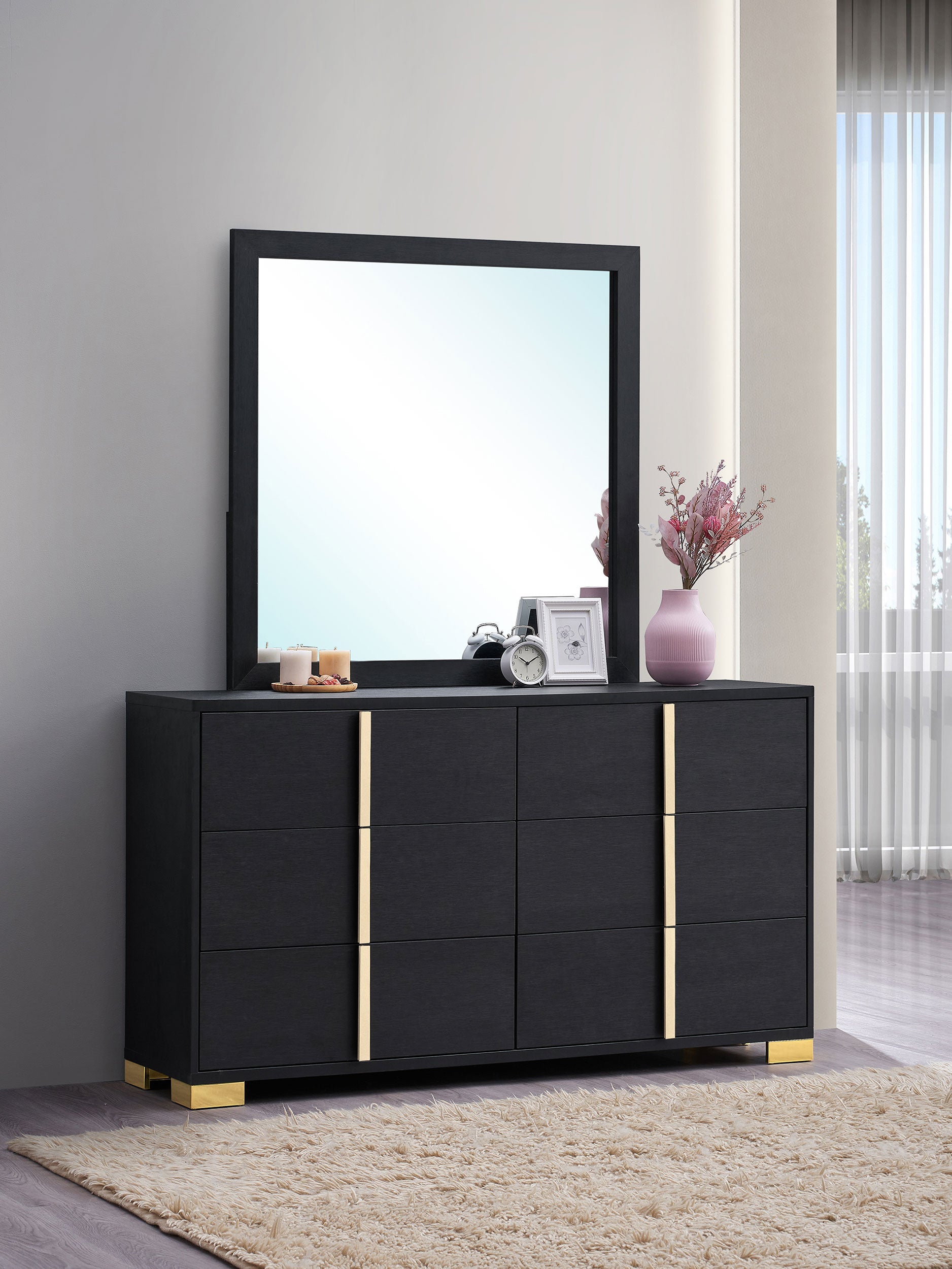 Marceline 6-drawer Dresser with Mirror Black-