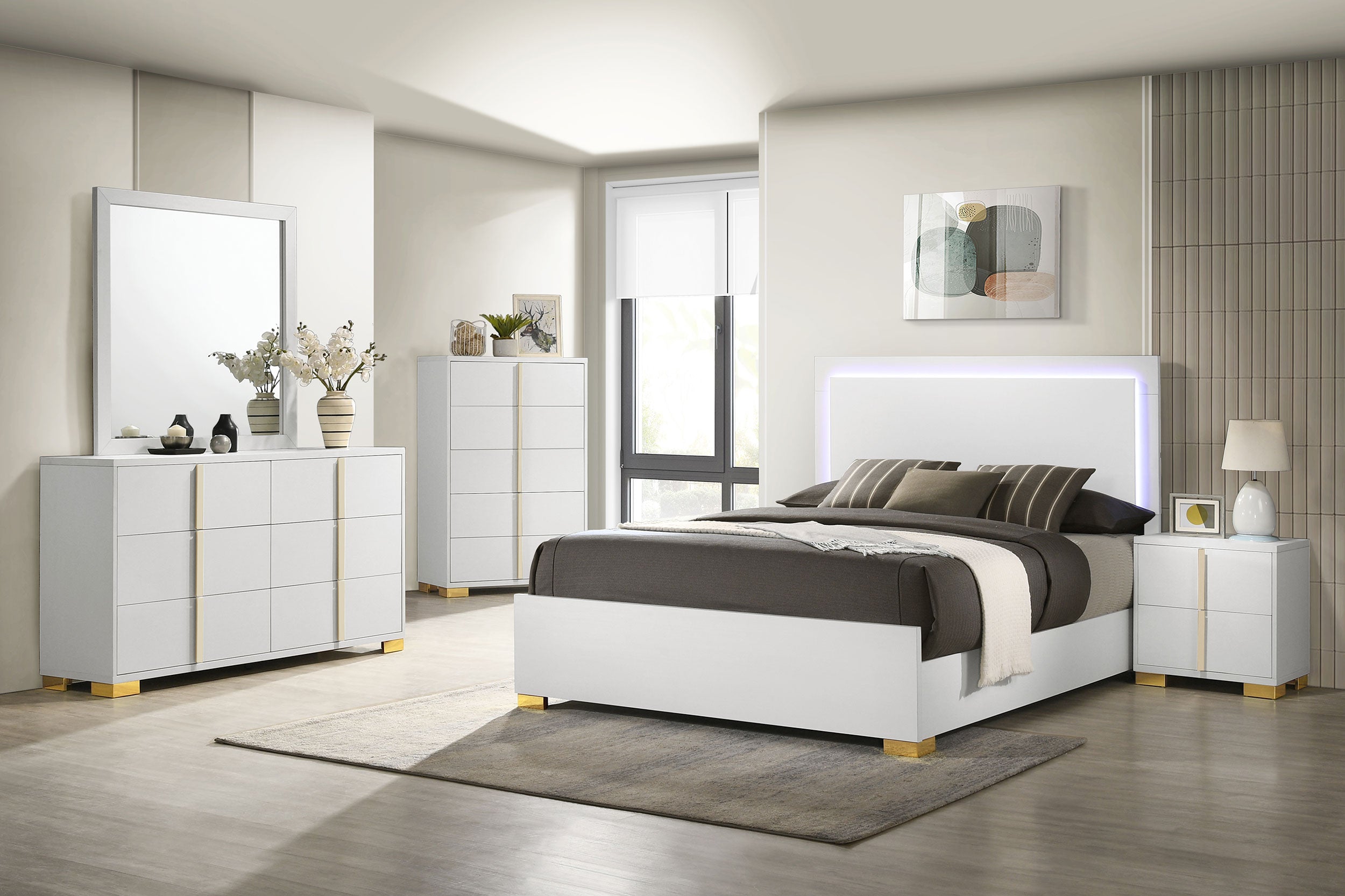 Marceline Wood Queen LED Panel Bed White-