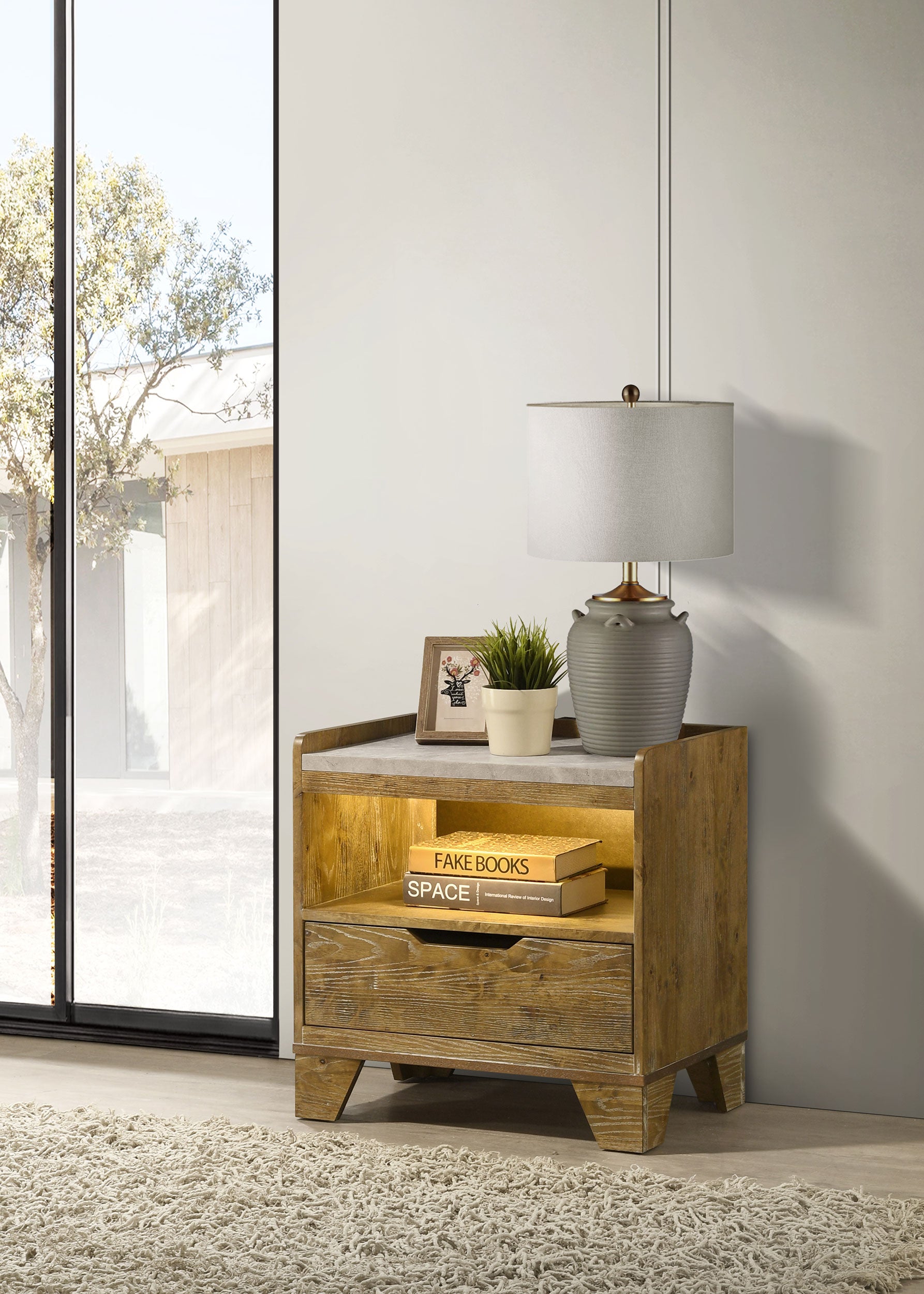 Henderson 1-drawer LED Nightstand Bedside Table Medium Oak-