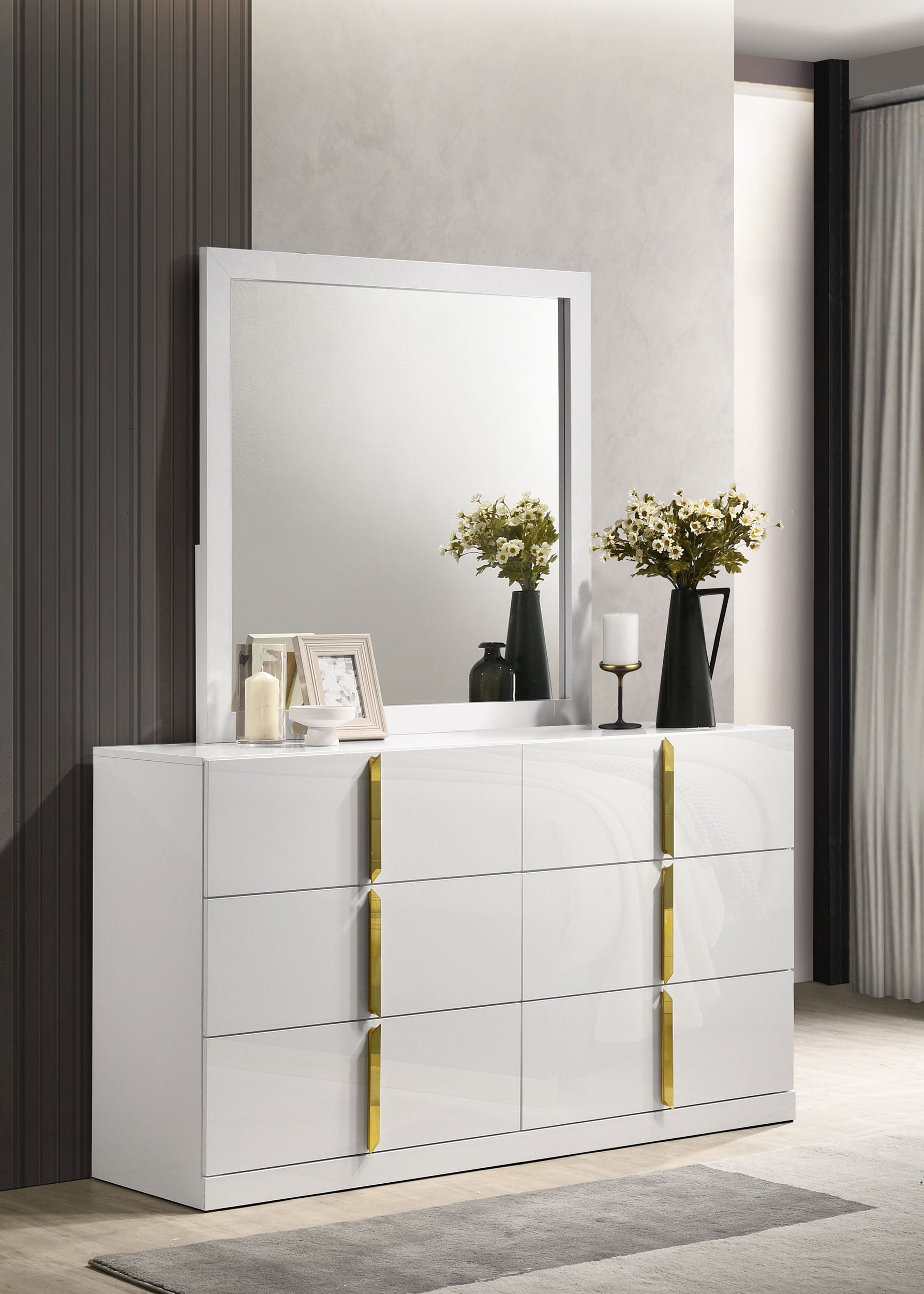 Ines 6-drawer Bedroom Dresser with Mirror White High Gloss-