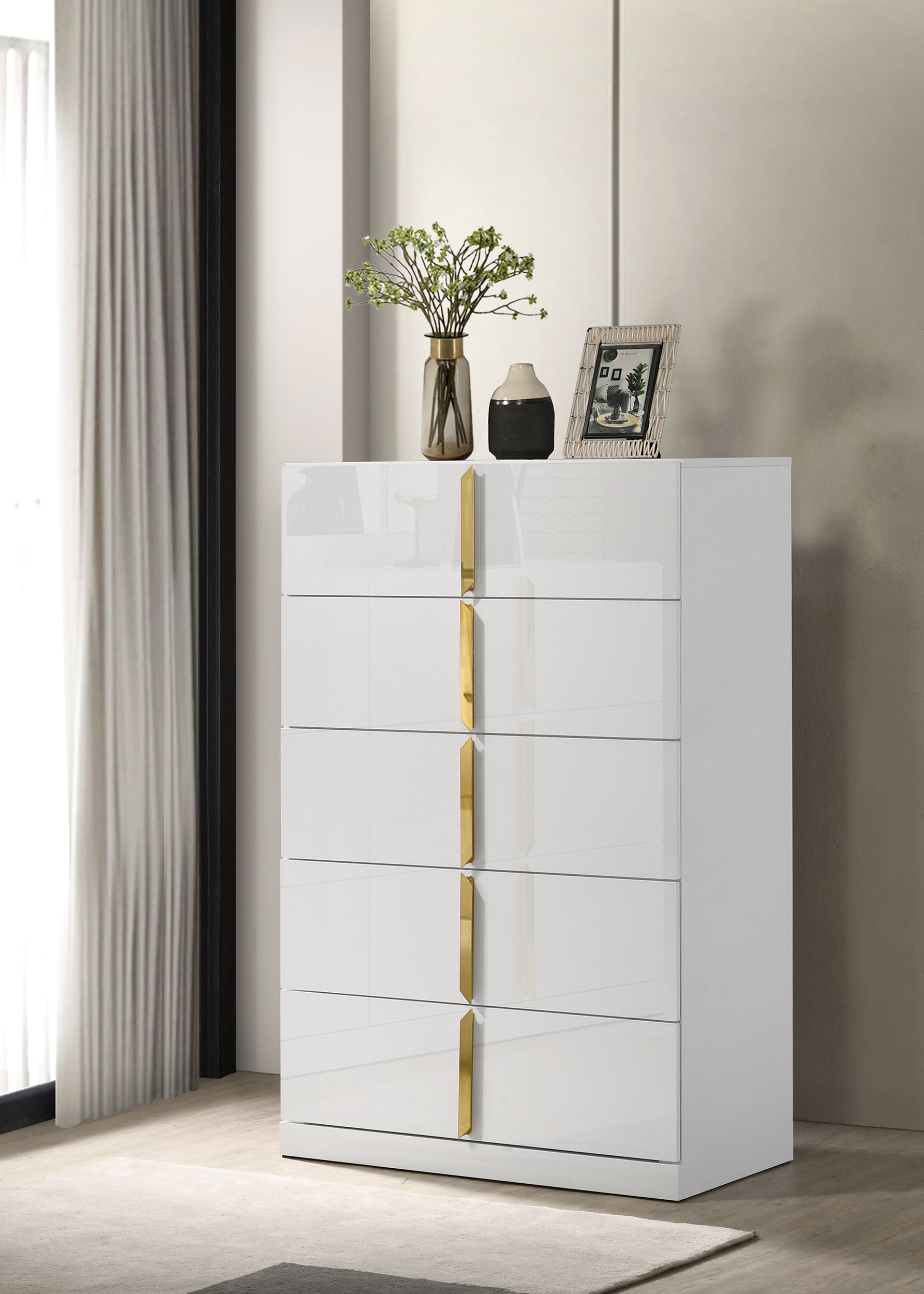 Ines 5-drawer Bedroom Chest of Drawers White High Gloss-