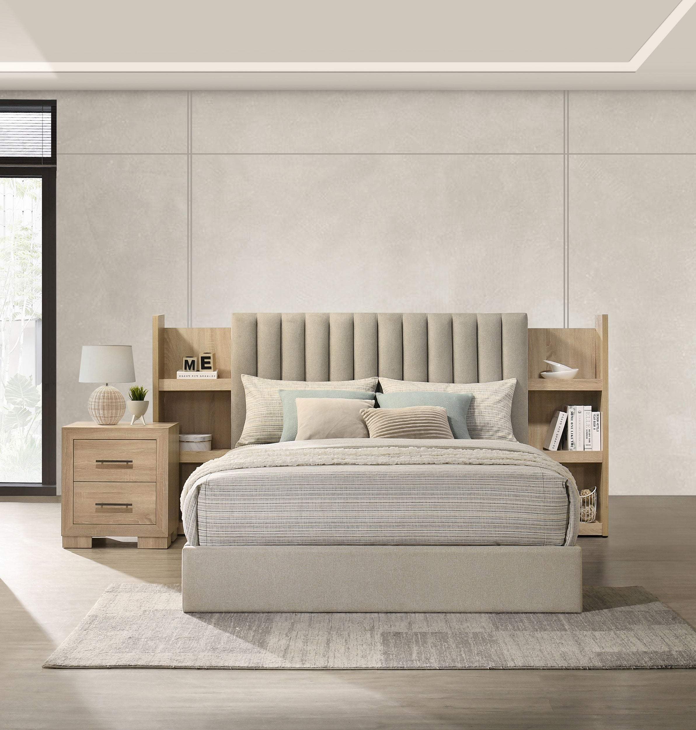 Arielle Queen Bookcase Panel Storage Bed Light Oak-