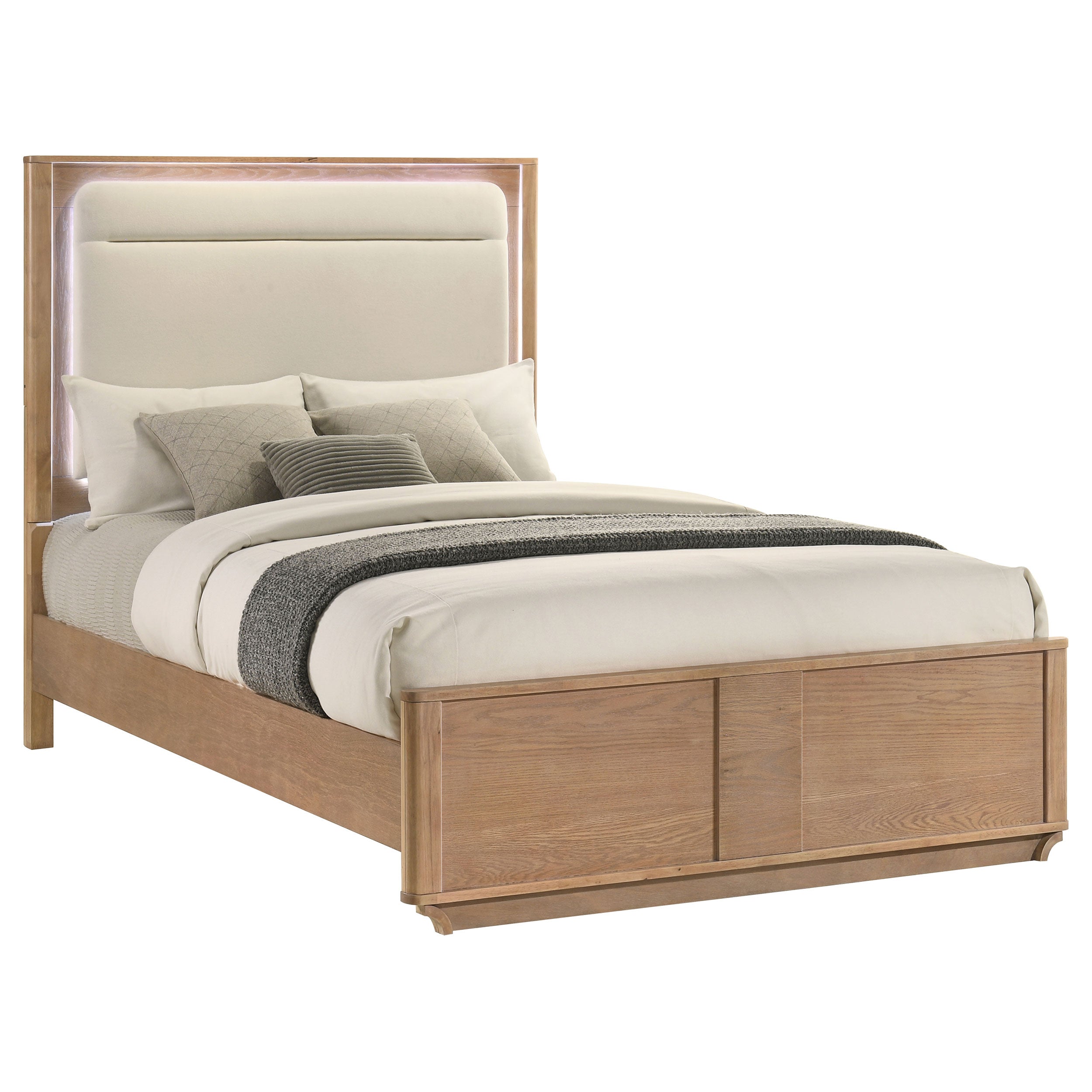 Leanne Queen LED Panel Bed Off White and Light Oak-