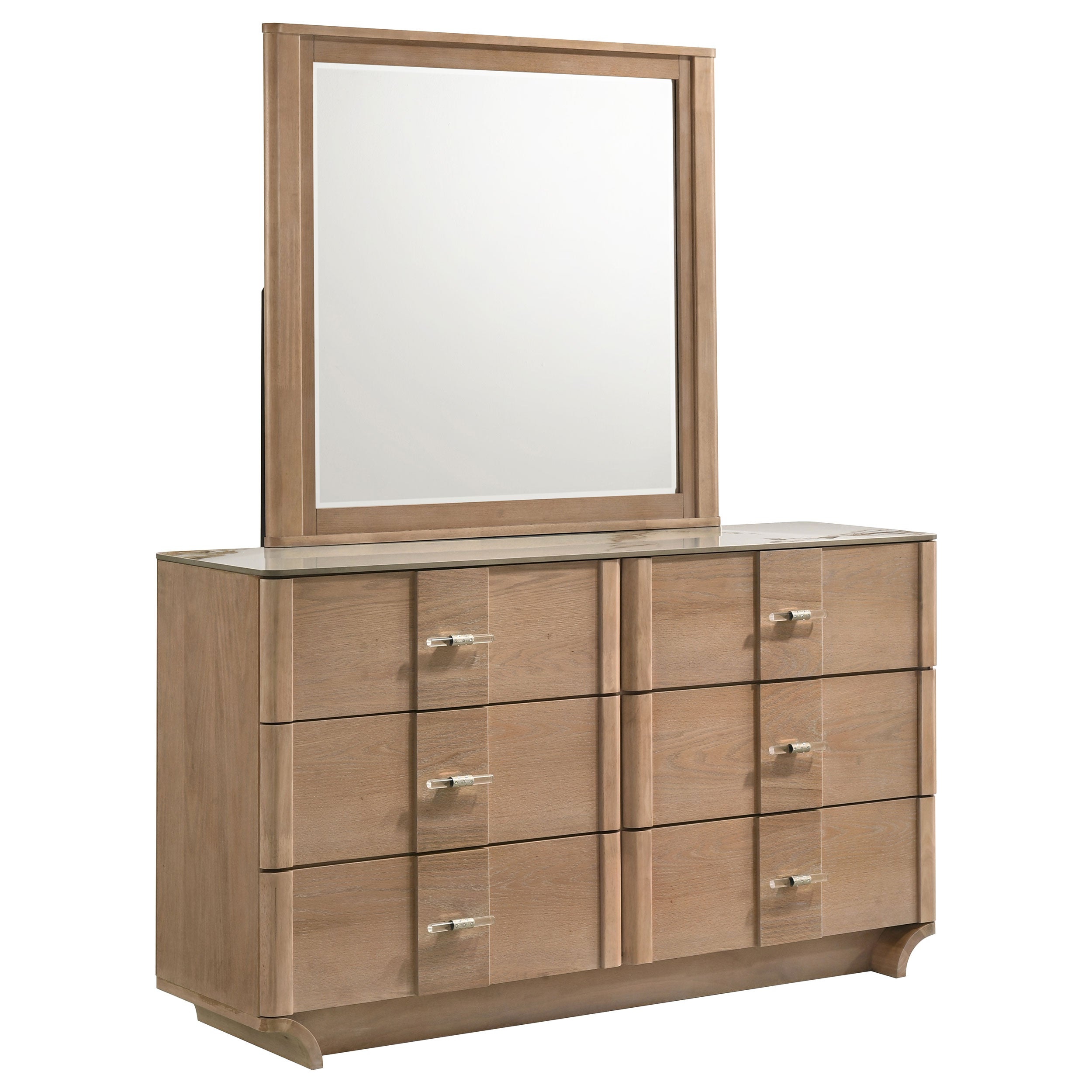 Leanne 6-drawer Sinter Stone Top Dresser and Mirror Light Oak-