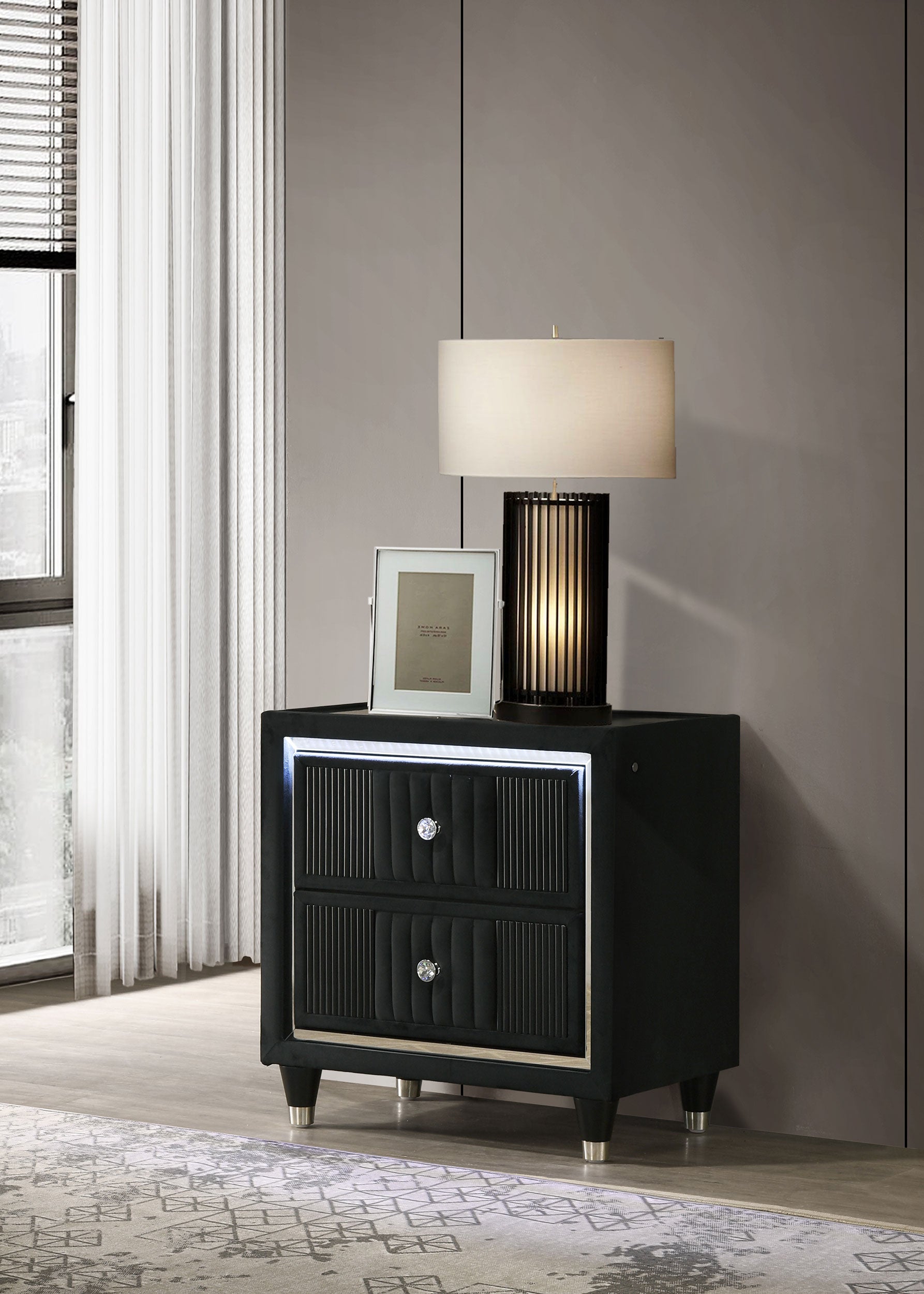 Ravenne 2-drawer Velvet Upholstered LED Nightstand with USB Black-