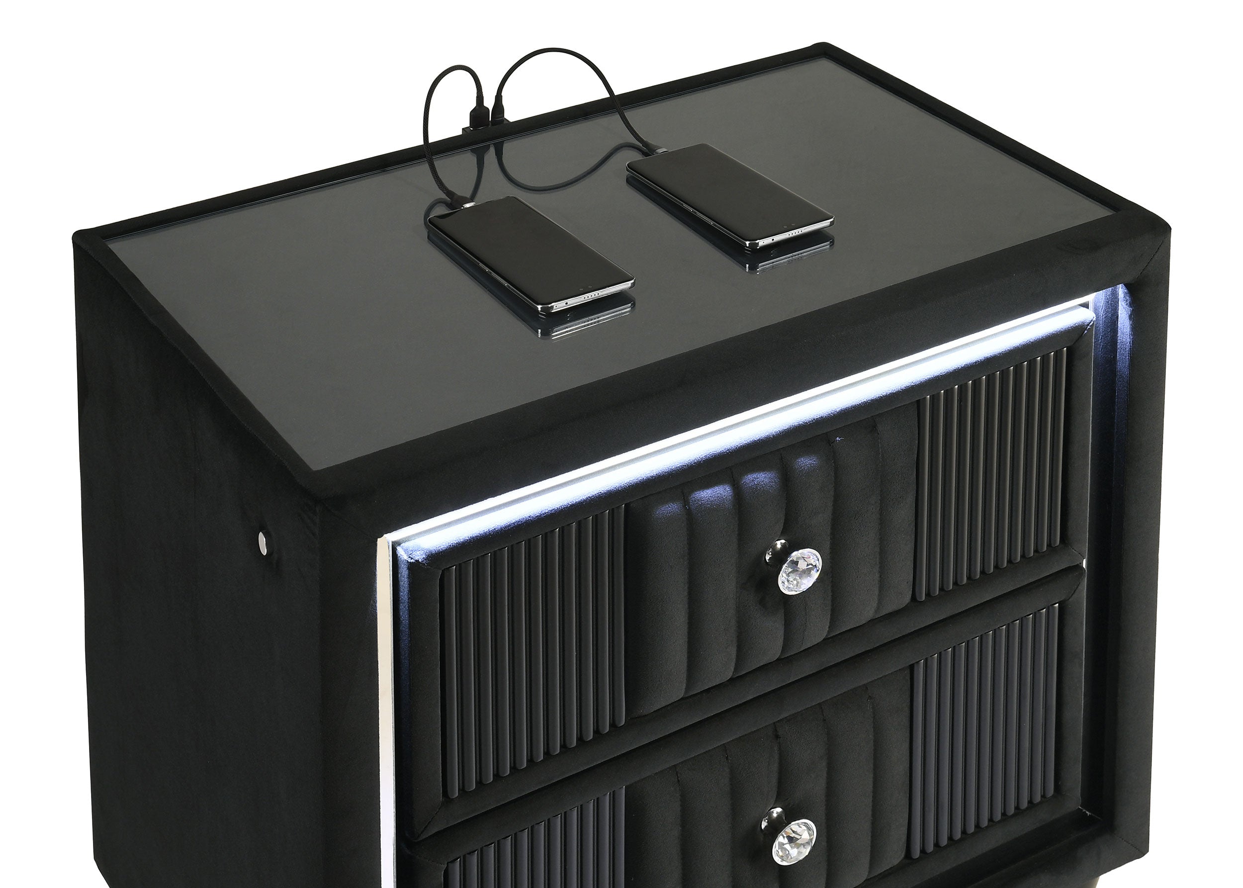 Ravenne 2-drawer Velvet Upholstered LED Nightstand with USB Black-