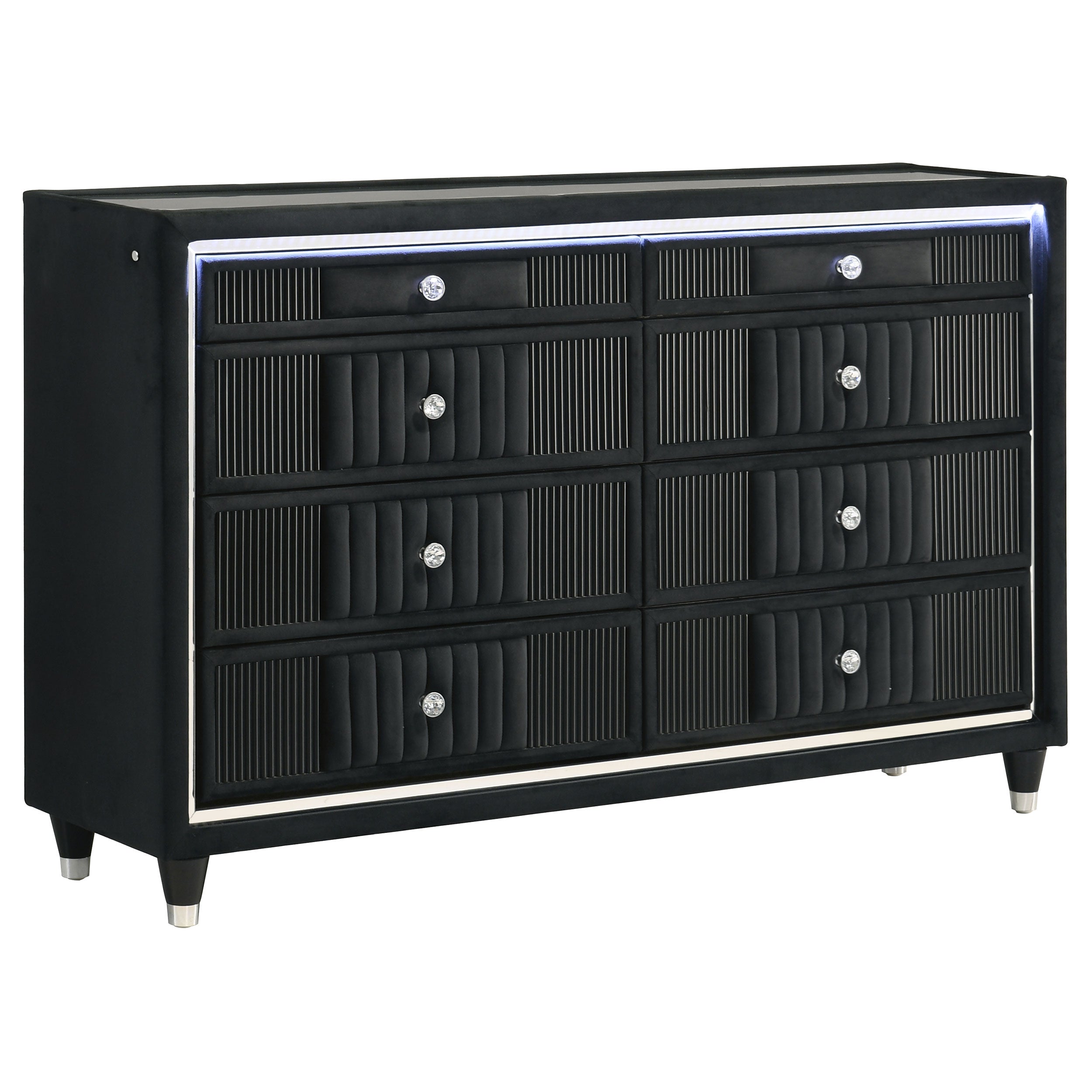 Ravenne 8-drawer Velvet Upholstered LED Dresser Cabinet Black-