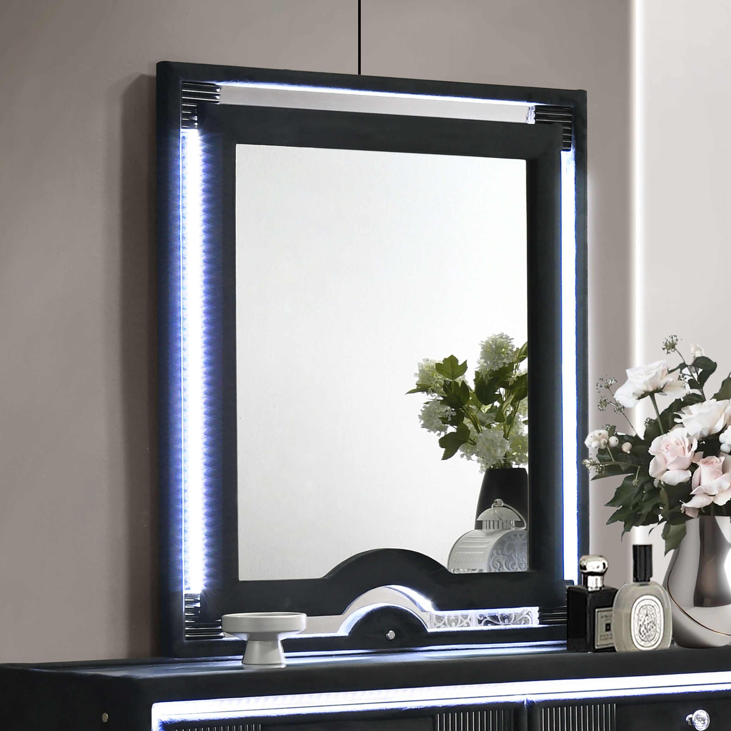 Ravenne Velvet Upholstered LED Dresser Mirror Black-
