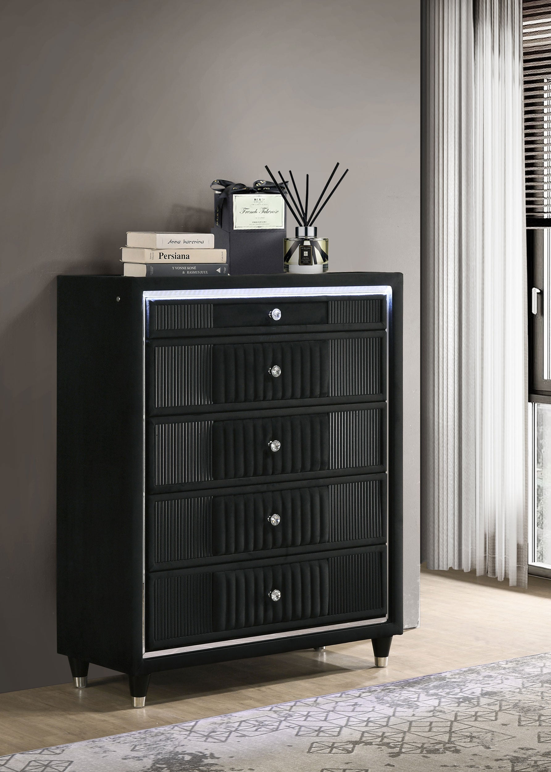 Ravenne 5-drawer Velvet Upholstered LED Chest of Drawers Black-