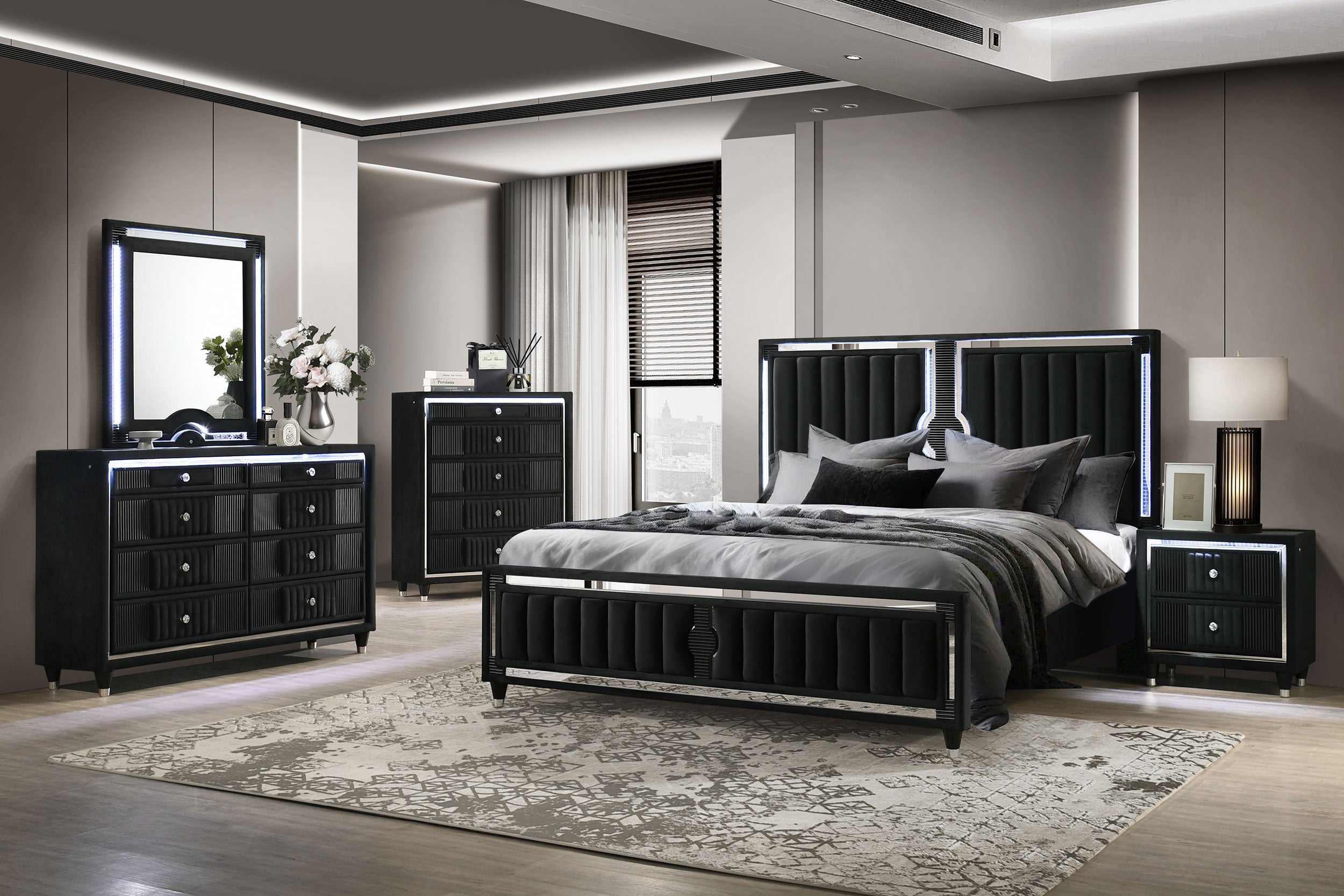 Ravenne 5-drawer Velvet Upholstered LED Chest of Drawers Black-
