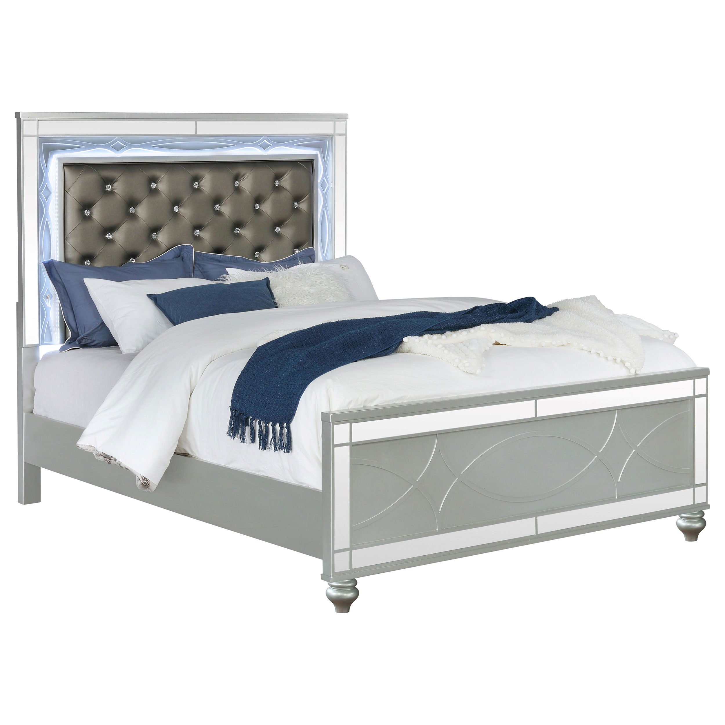 Gunnison Wood Queen LED Panel Bed Silver Metallic-CoasterEssence