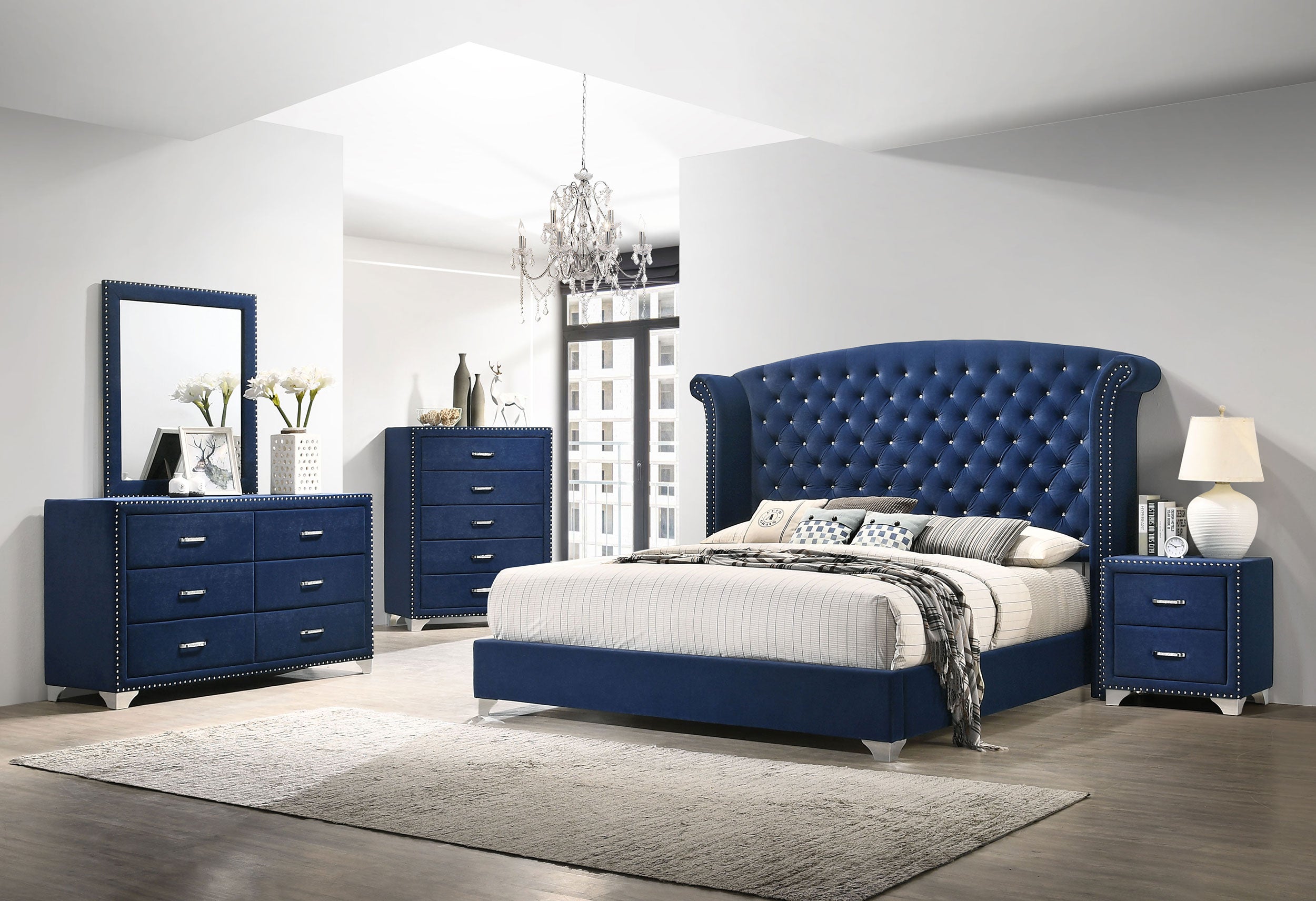 Melody Upholstered Queen Wingback Bed Pacific Blue-CoasterEveryday