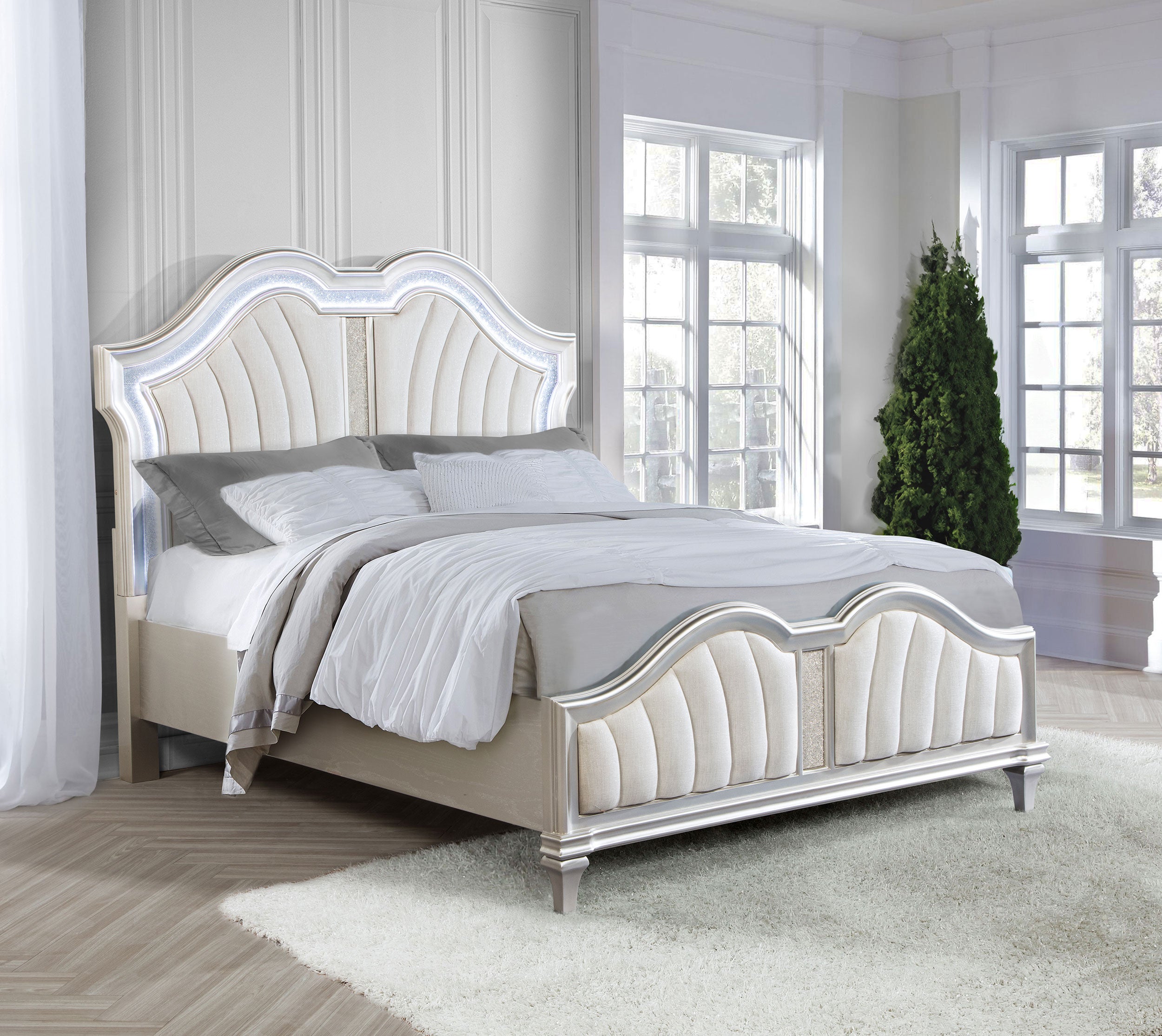 Evangeline Wood Queen LED Panel Bed Silver Oak-CoasterElevations