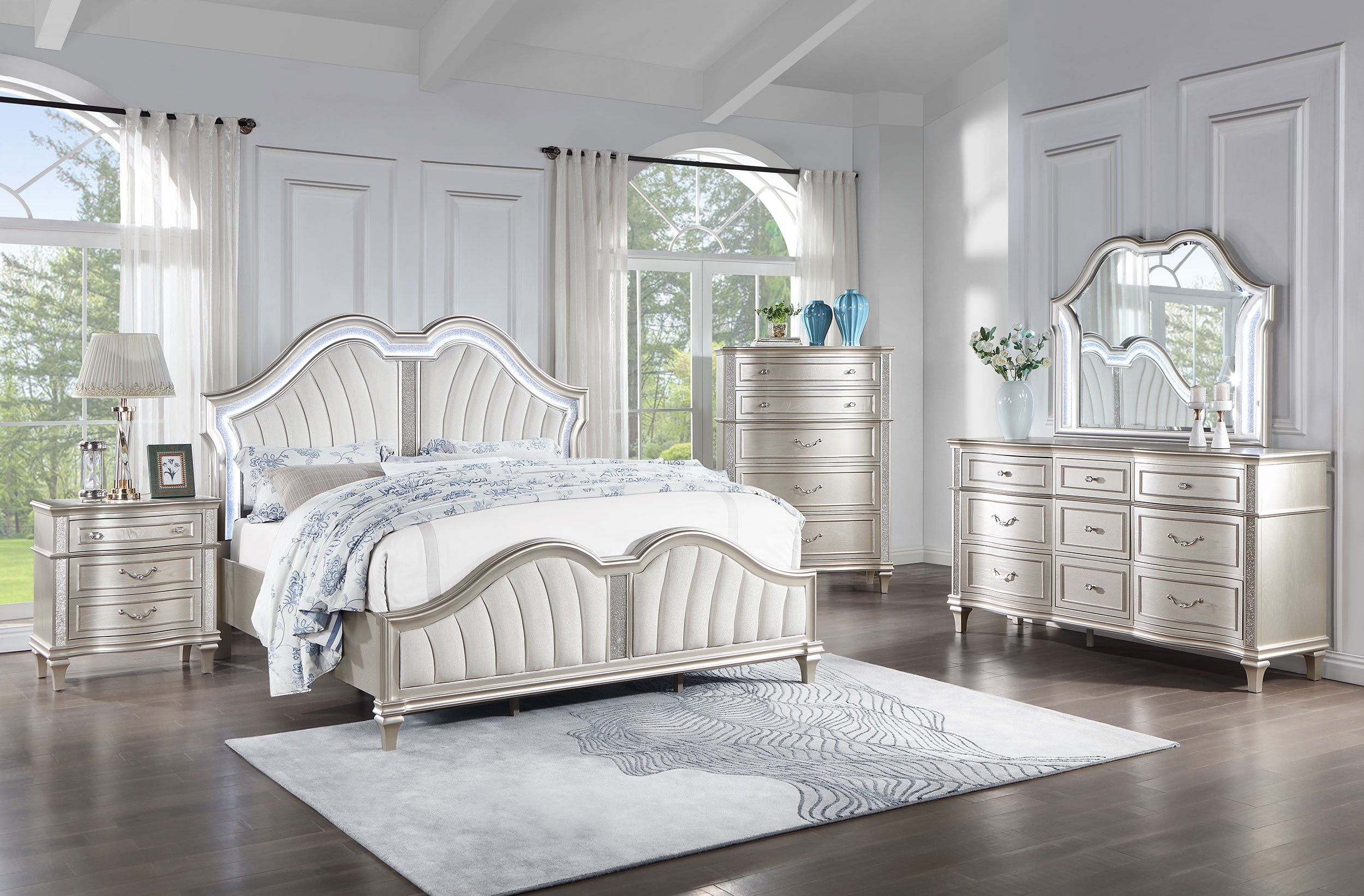 Evangeline Wood Queen LED Panel Bed Silver Oak-CoasterElevations