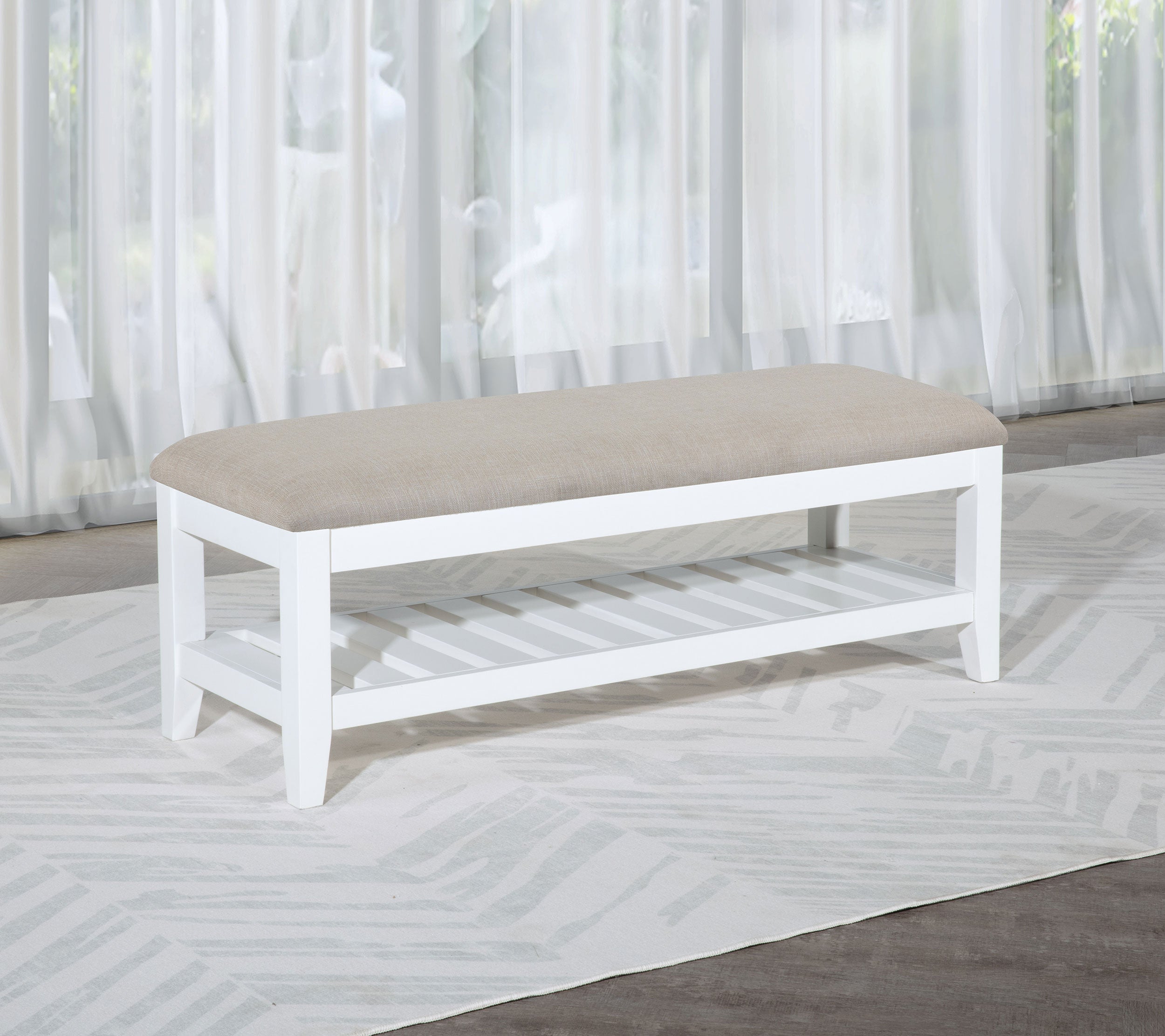 Bexhill Upholstered Rectangular Bench with Shelf White-