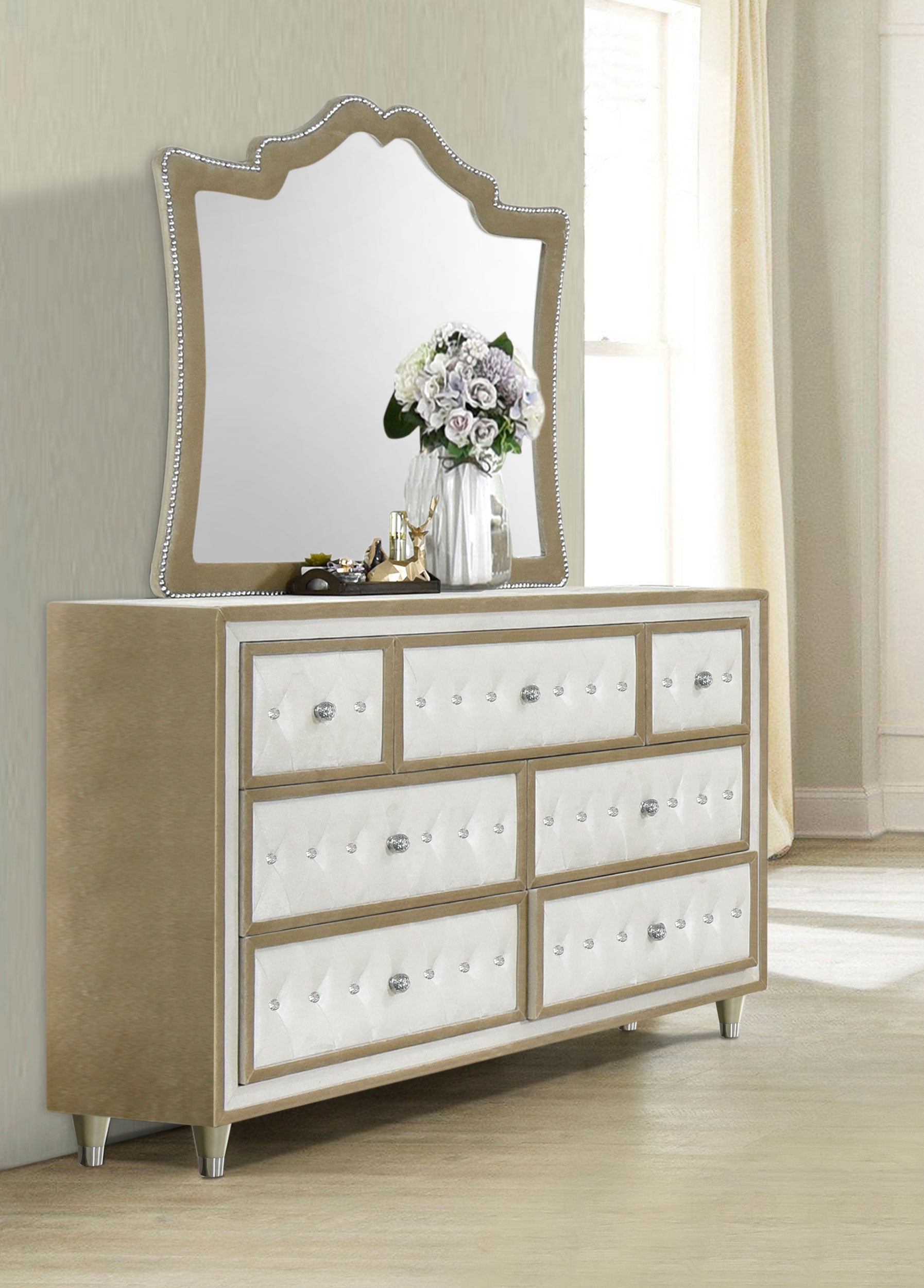 Antonella 7-drawer Upholstered Dresser with Mirror Ivory-CoasterElevations