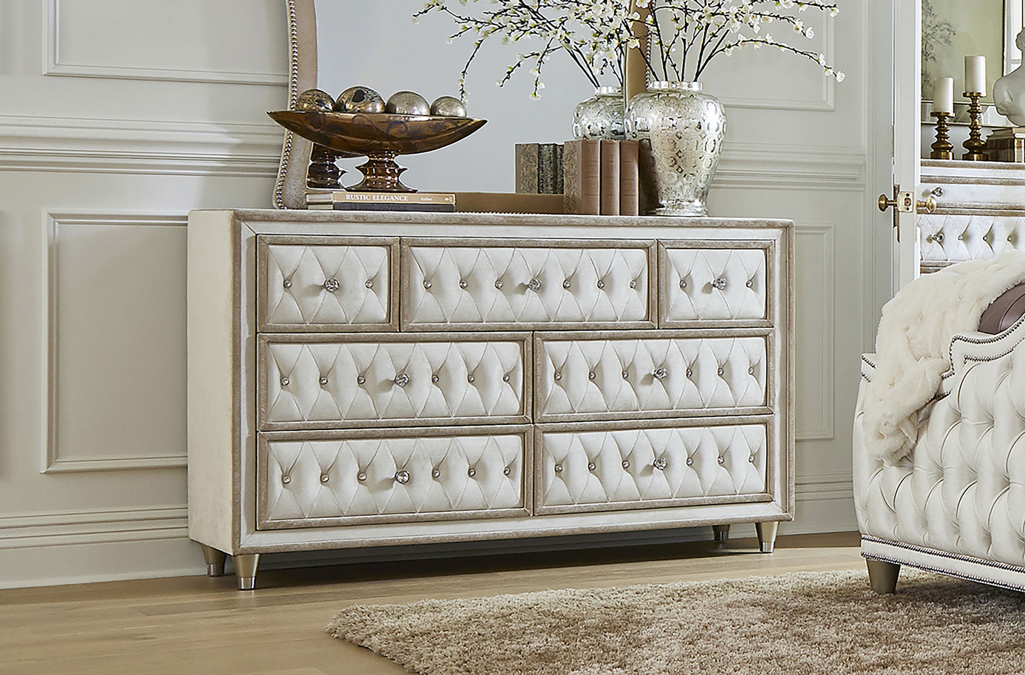 Antonella 7-drawer Upholstered Dresser Ivory and Camel-CoasterElevations